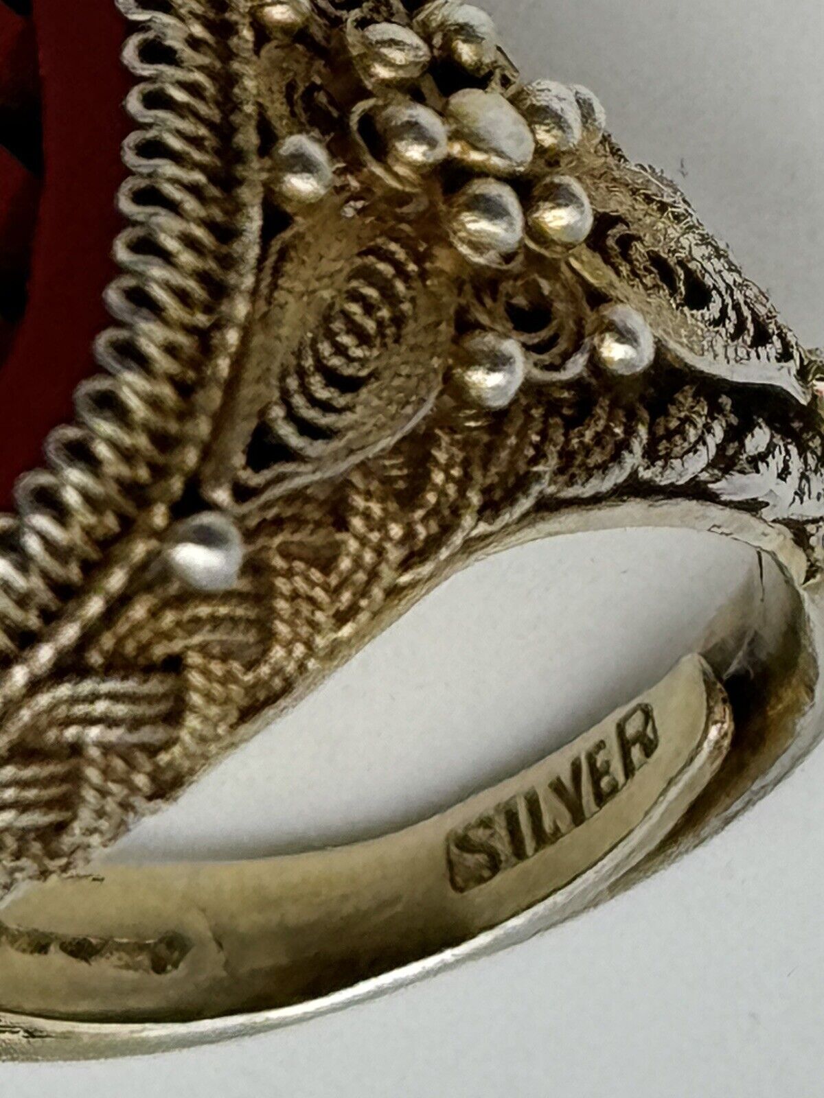 Vintage SILVER Carved Cinnabar Ring Delicate Filigree Gold Vermeil 8.5 Sizeable