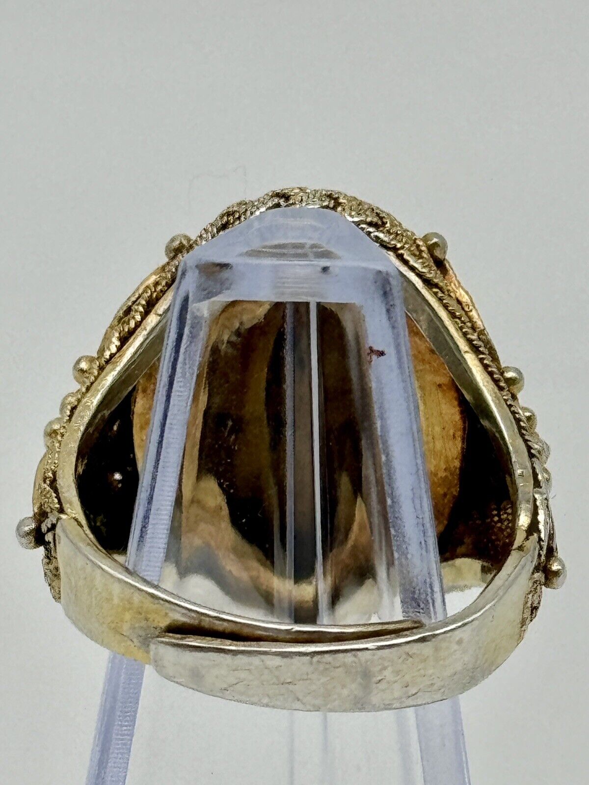 Vintage SILVER Carved Cinnabar Ring Delicate Filigree Gold Vermeil 8.5 Sizeable