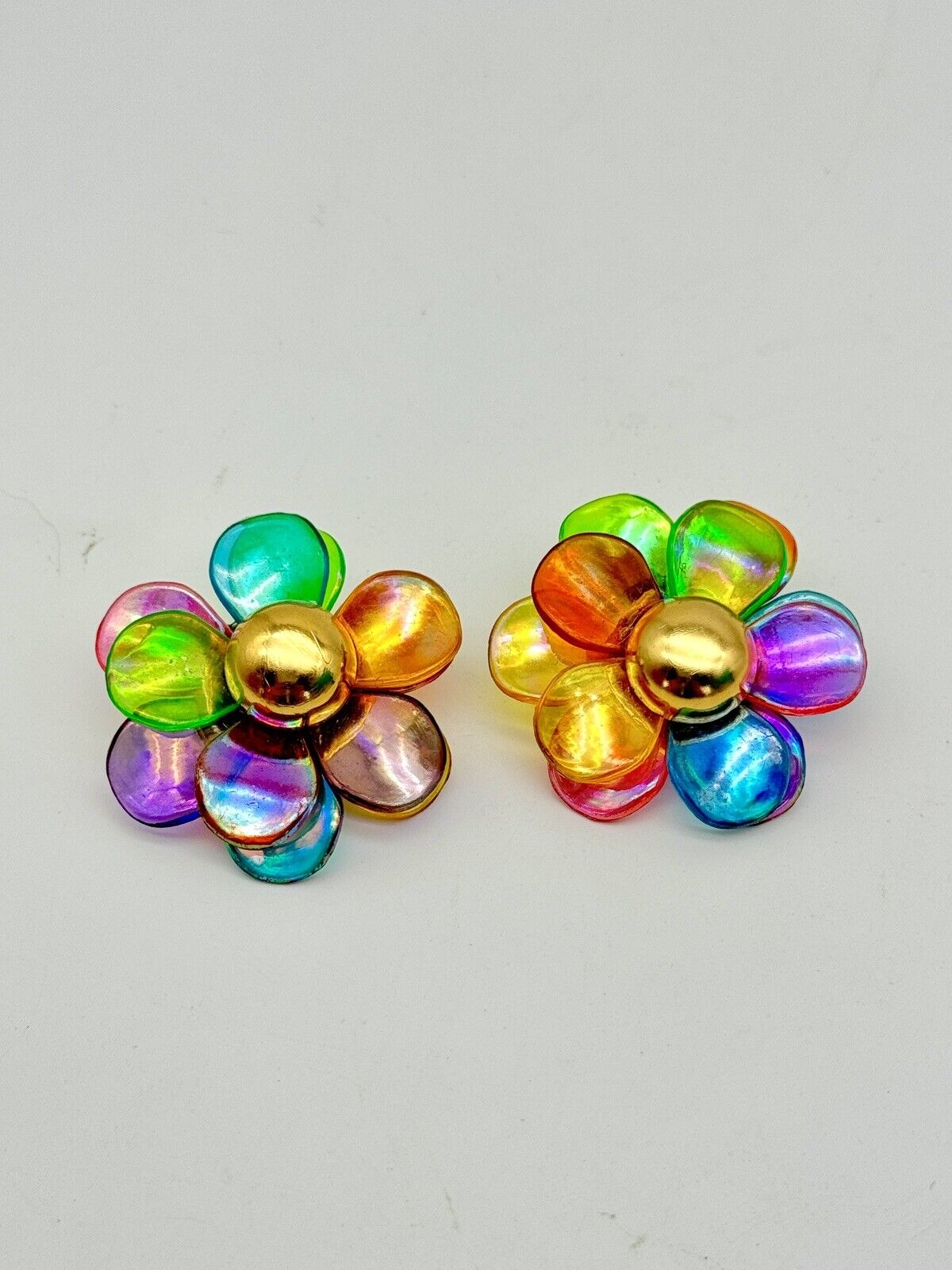 Vintage 80s Flower Earrings Rainbow Colors Acrylic Clip-on