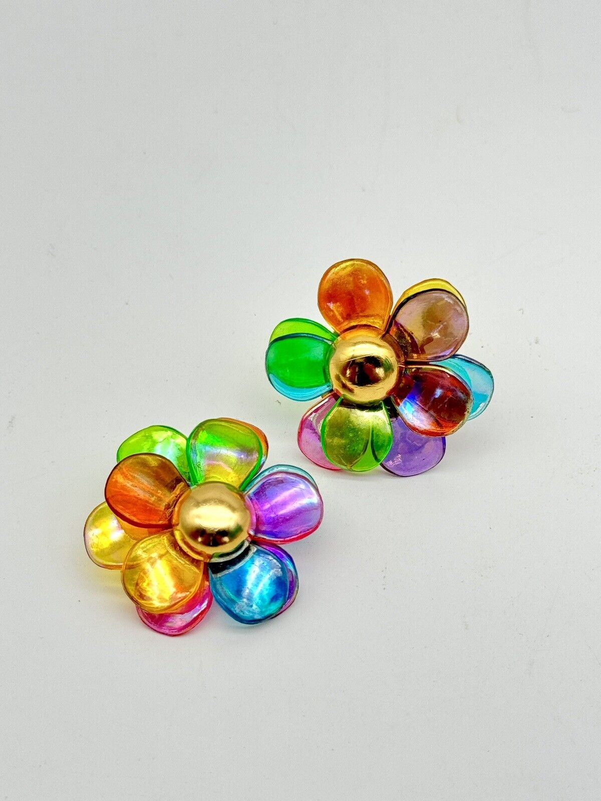 Vintage 80s Flower Earrings Rainbow Colors Acrylic Clip-on