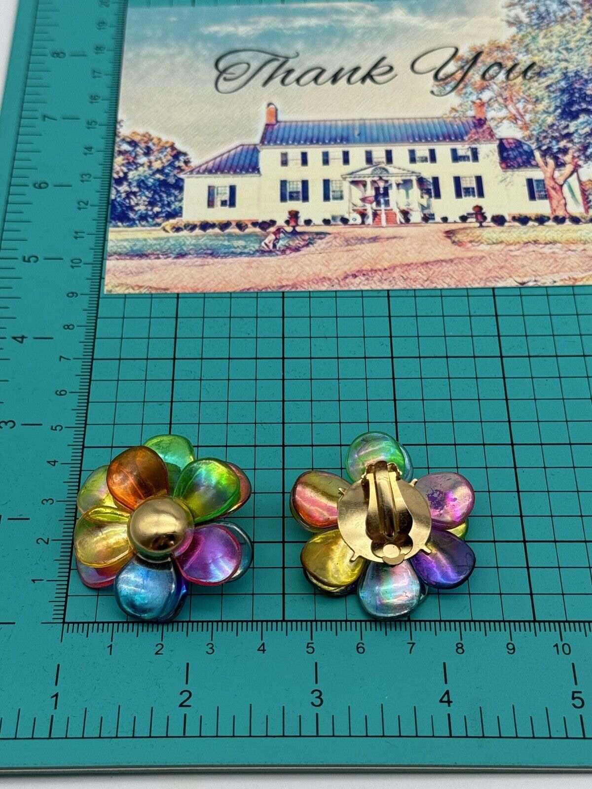Vintage 80s Flower Earrings Rainbow Colors Acrylic Clip-on