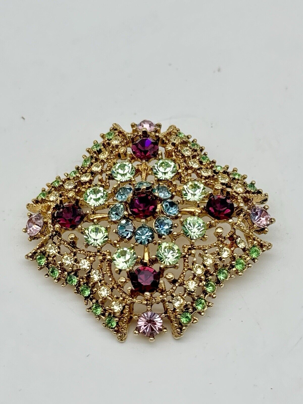 Vintage Large Signed Graziano Gemstone Colors Rhinestones Gold Tone Brooch Pin