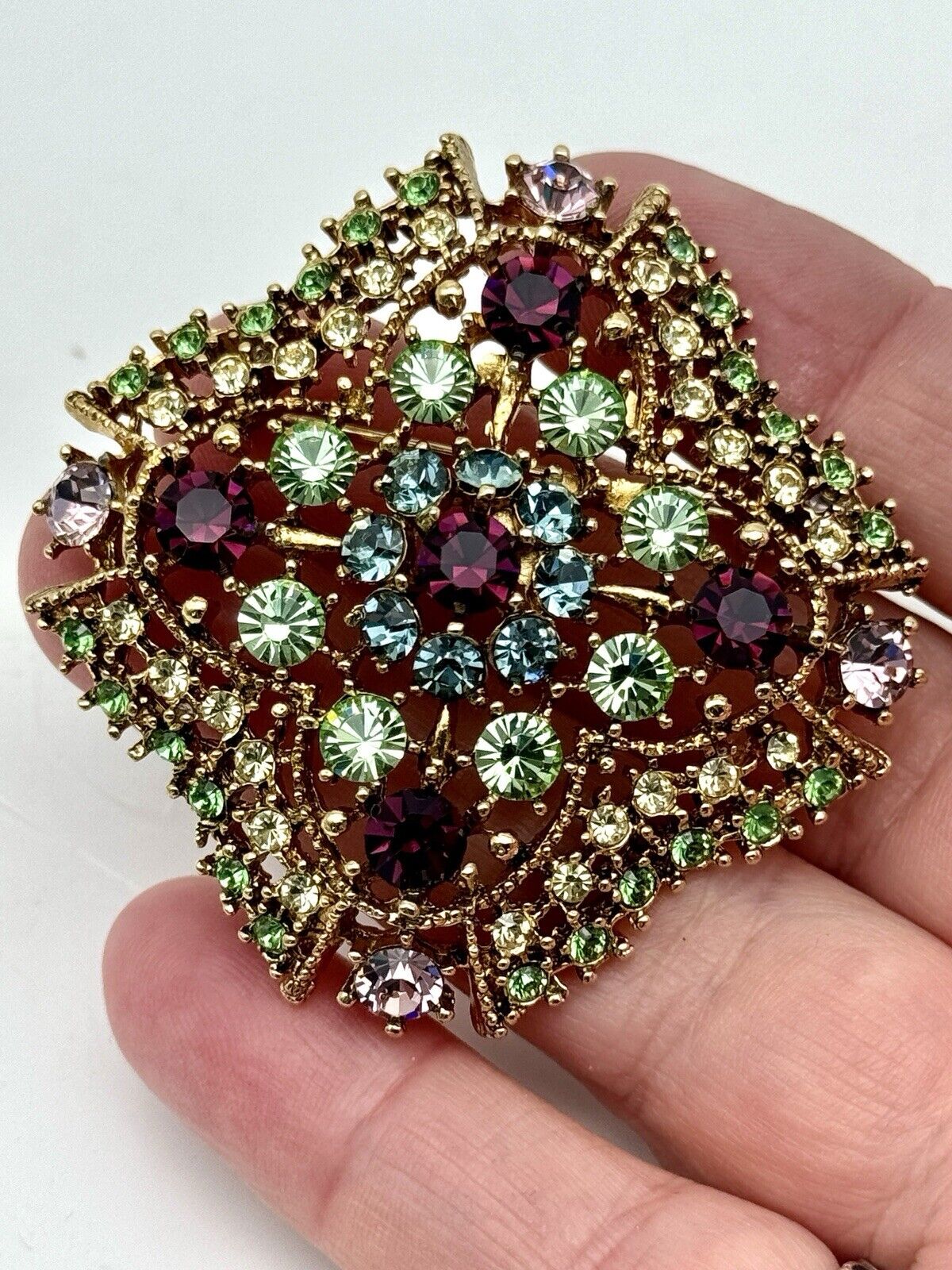 Vintage Large Signed Graziano Gemstone Colors Rhinestones Gold Tone Brooch Pin