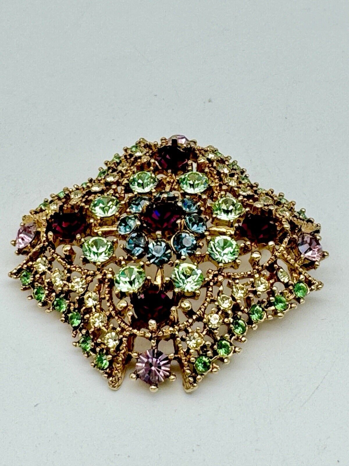 Vintage Large Signed Graziano Gemstone Colors Rhinestones Gold Tone Brooch Pin