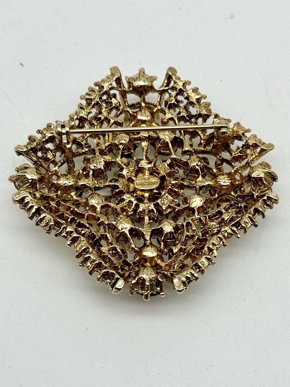 Vintage Large Signed Graziano Gemstone Colors Rhinestones Gold Tone Brooch Pin