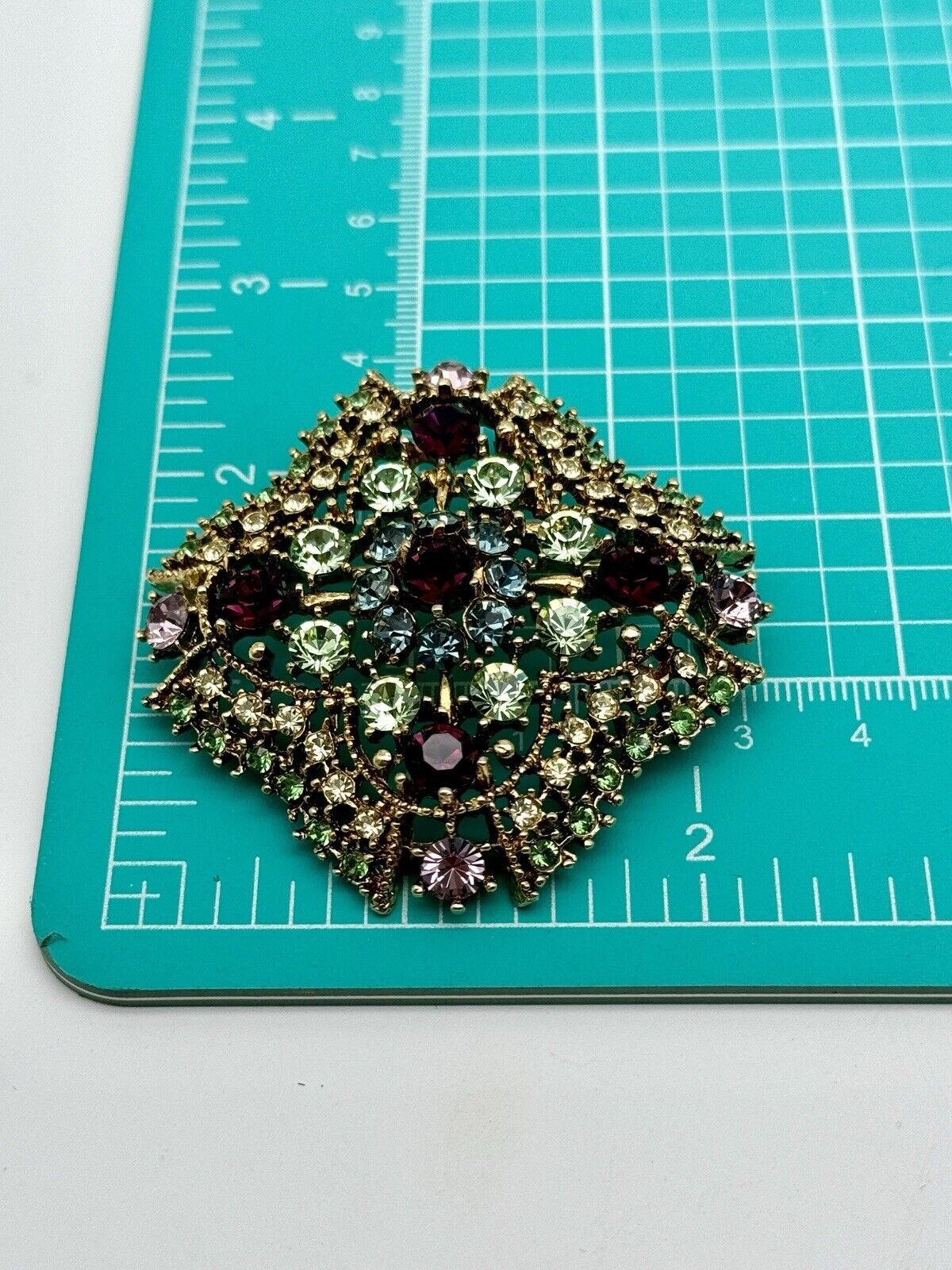 Vintage Large Signed Graziano Gemstone Colors Rhinestones Gold Tone Brooch Pin