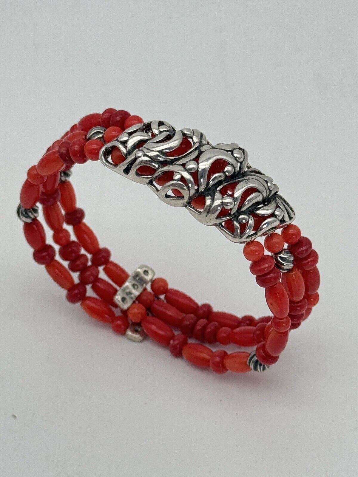 Vintage CP “CAROLYN POLLACK” Bracelet Cuff Coral Beads Sterling SIGNED Estate Find