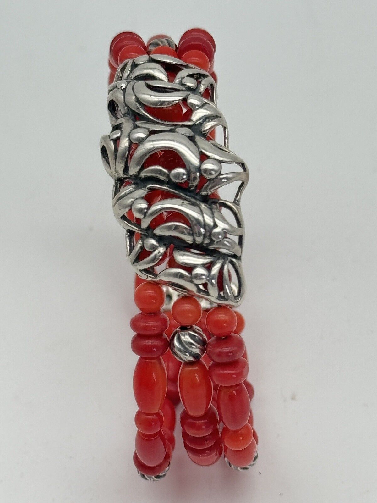 Vintage CP “CAROLYN POLLACK” Bracelet Cuff Coral Beads Sterling SIGNED Estate Find