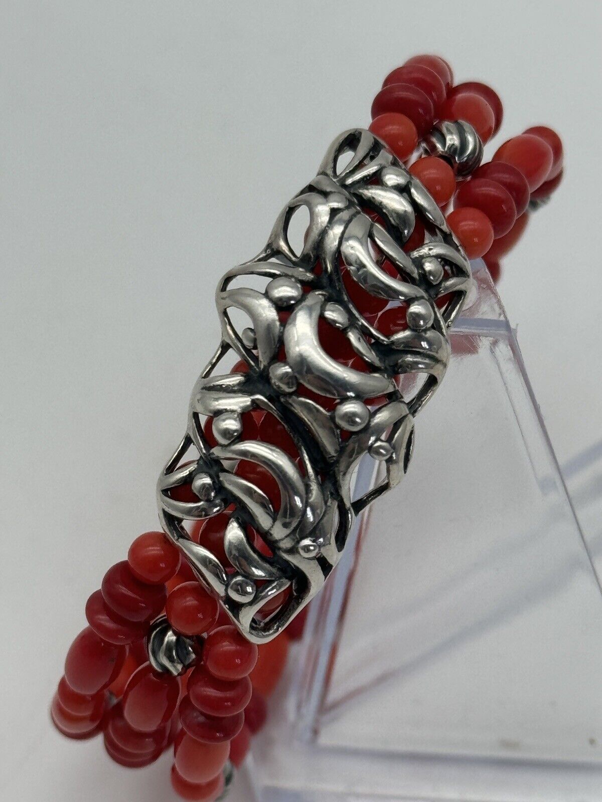 Vintage CP “CAROLYN POLLACK” Bracelet Cuff Coral Beads Sterling SIGNED Estate Find