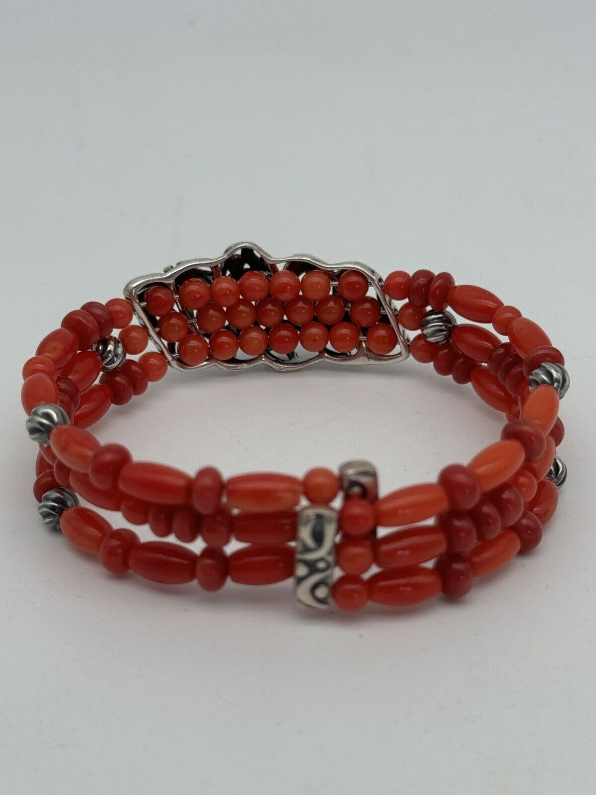 Vintage CP “CAROLYN POLLACK” Bracelet Cuff Coral Beads Sterling SIGNED Estate Find