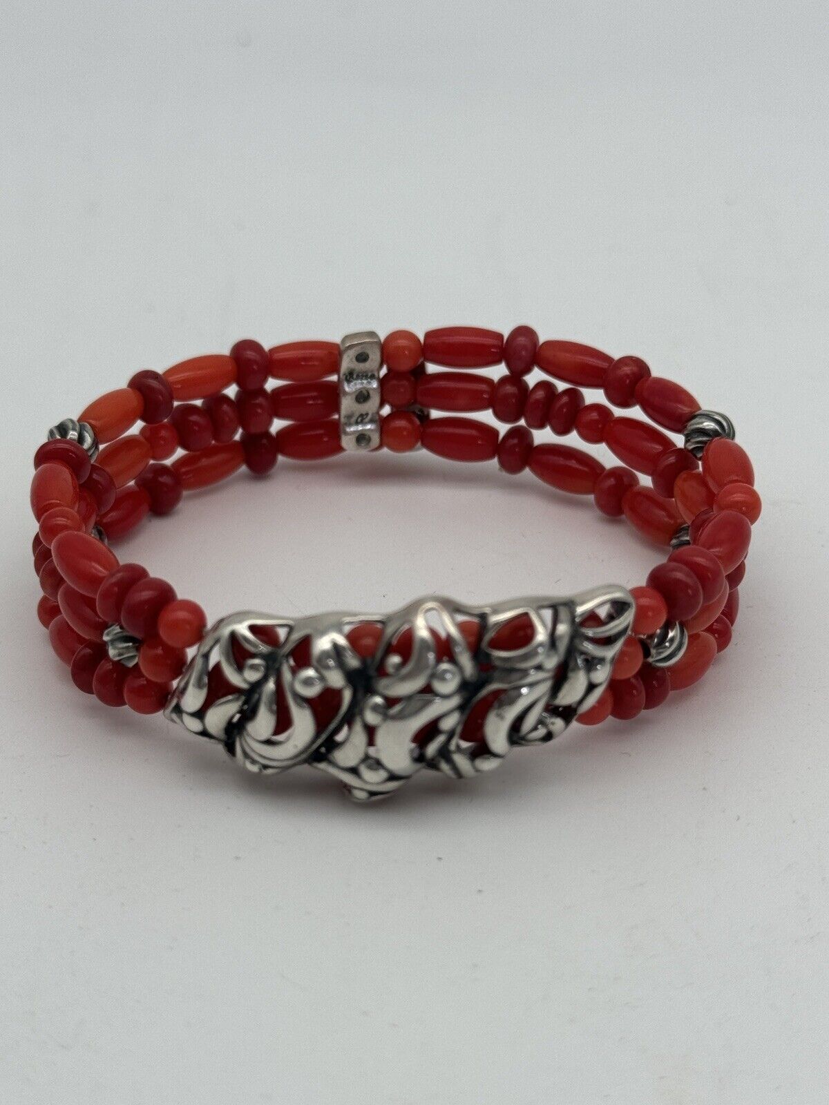 Vintage CP “CAROLYN POLLACK” Bracelet Cuff Coral Beads Sterling SIGNED Estate Find