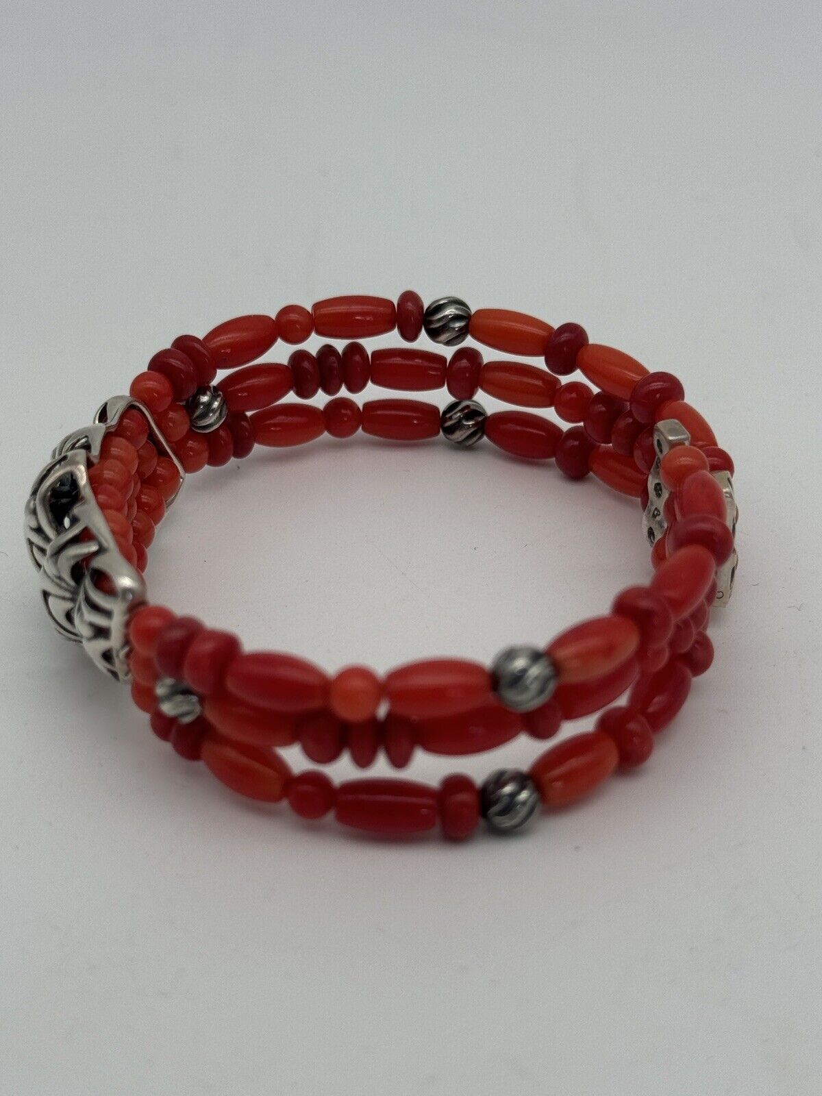 Vintage CP “CAROLYN POLLACK” Bracelet Cuff Coral Beads Sterling SIGNED Estate Find
