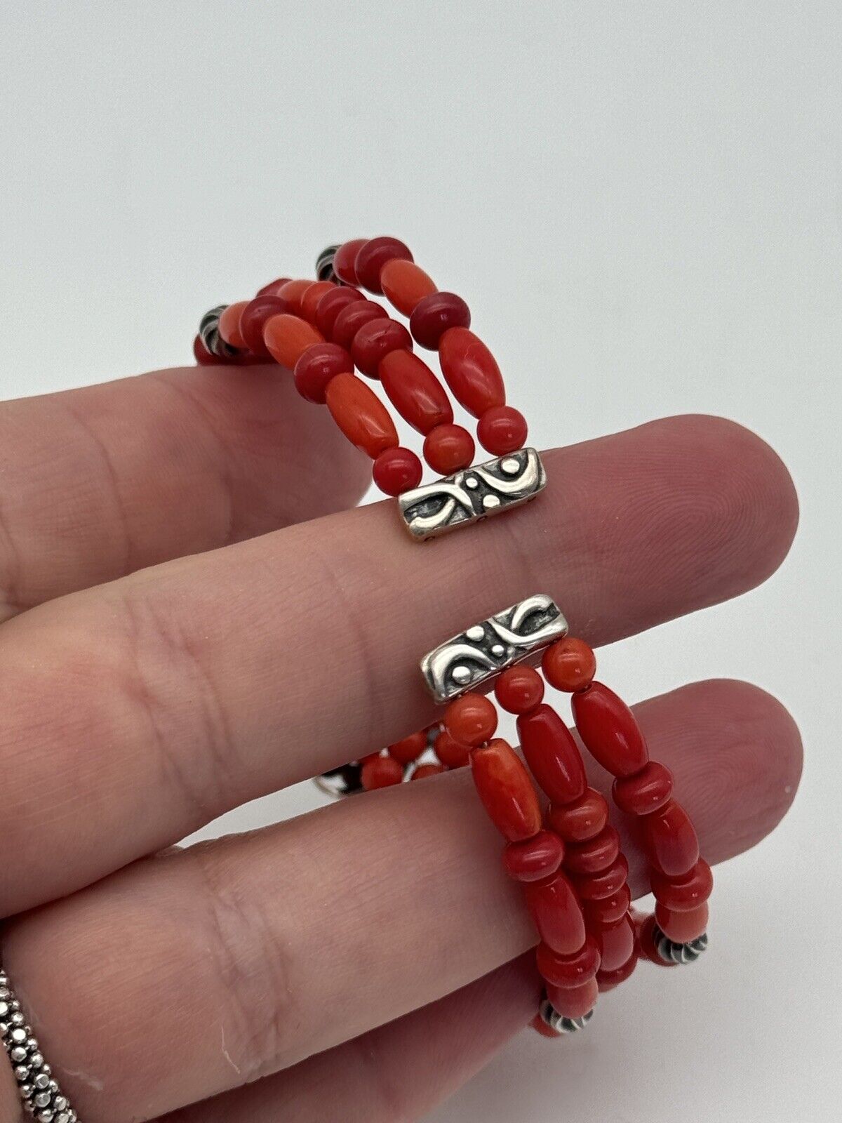 Vintage CP “CAROLYN POLLACK” Bracelet Cuff Coral Beads Sterling SIGNED Estate Find