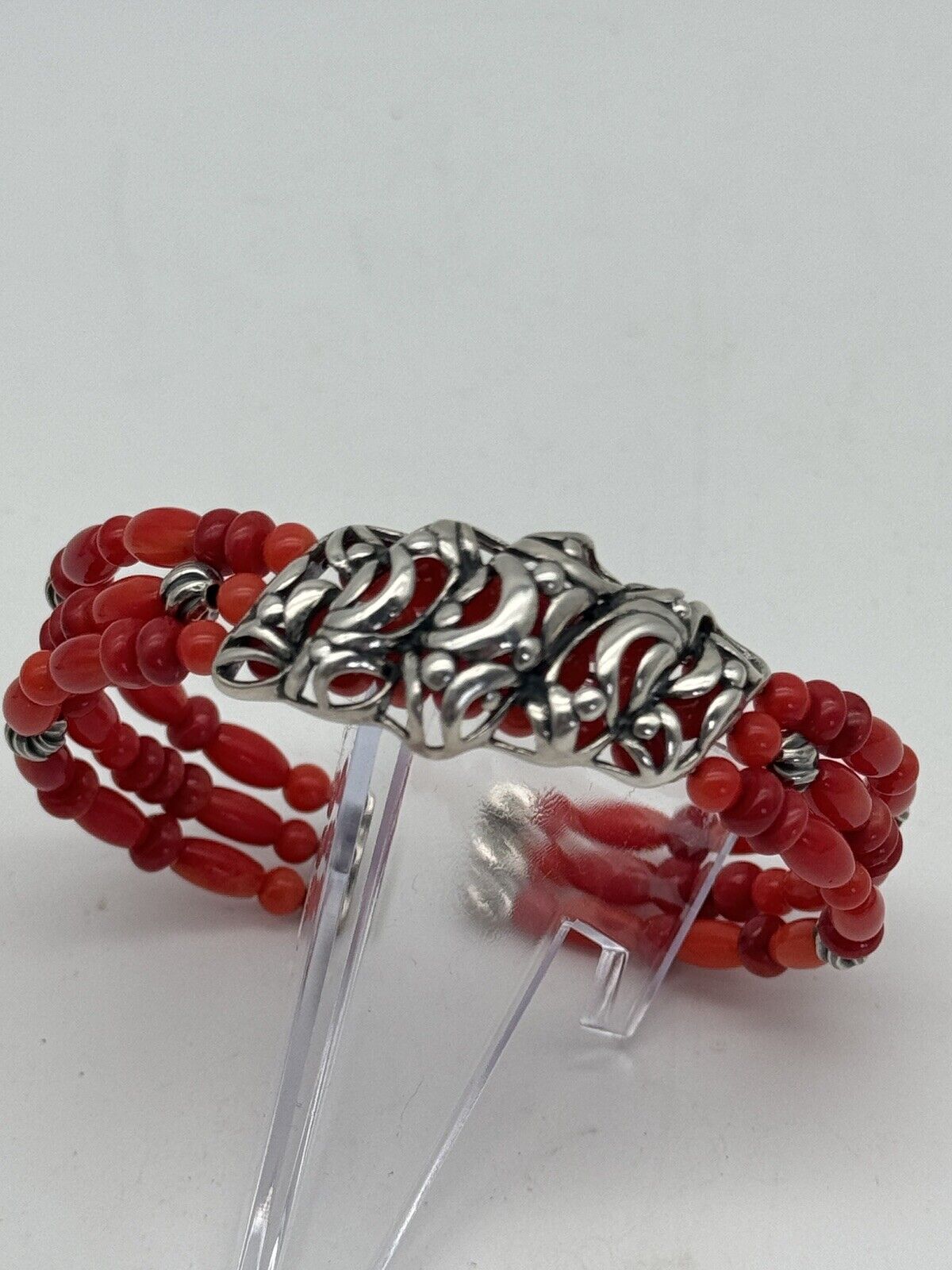 Vintage CP “CAROLYN POLLACK” Bracelet Cuff Coral Beads Sterling SIGNED Estate Find