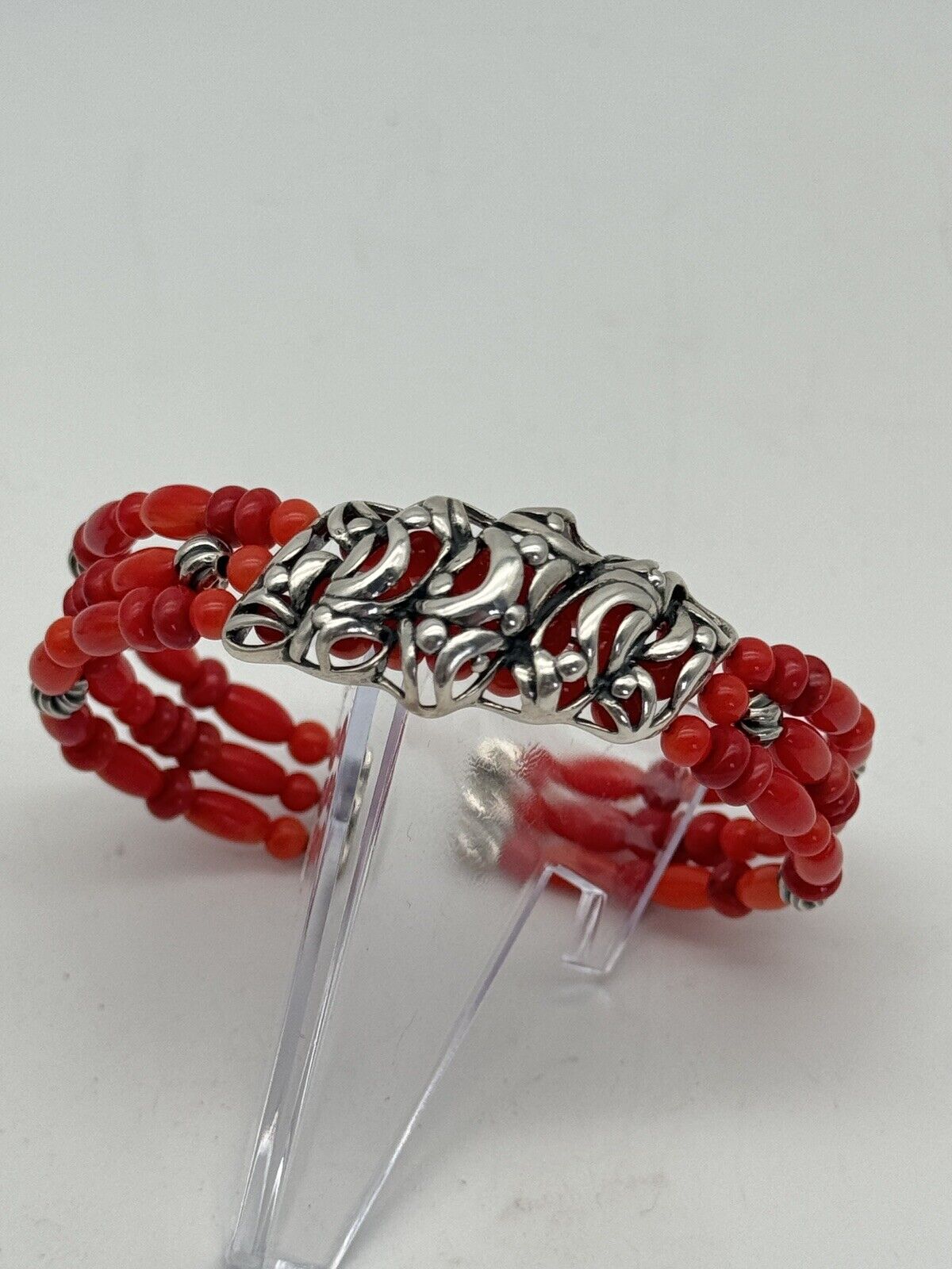 Vintage CP “CAROLYN POLLACK” Bracelet Cuff Coral Beads Sterling SIGNED Estate Find