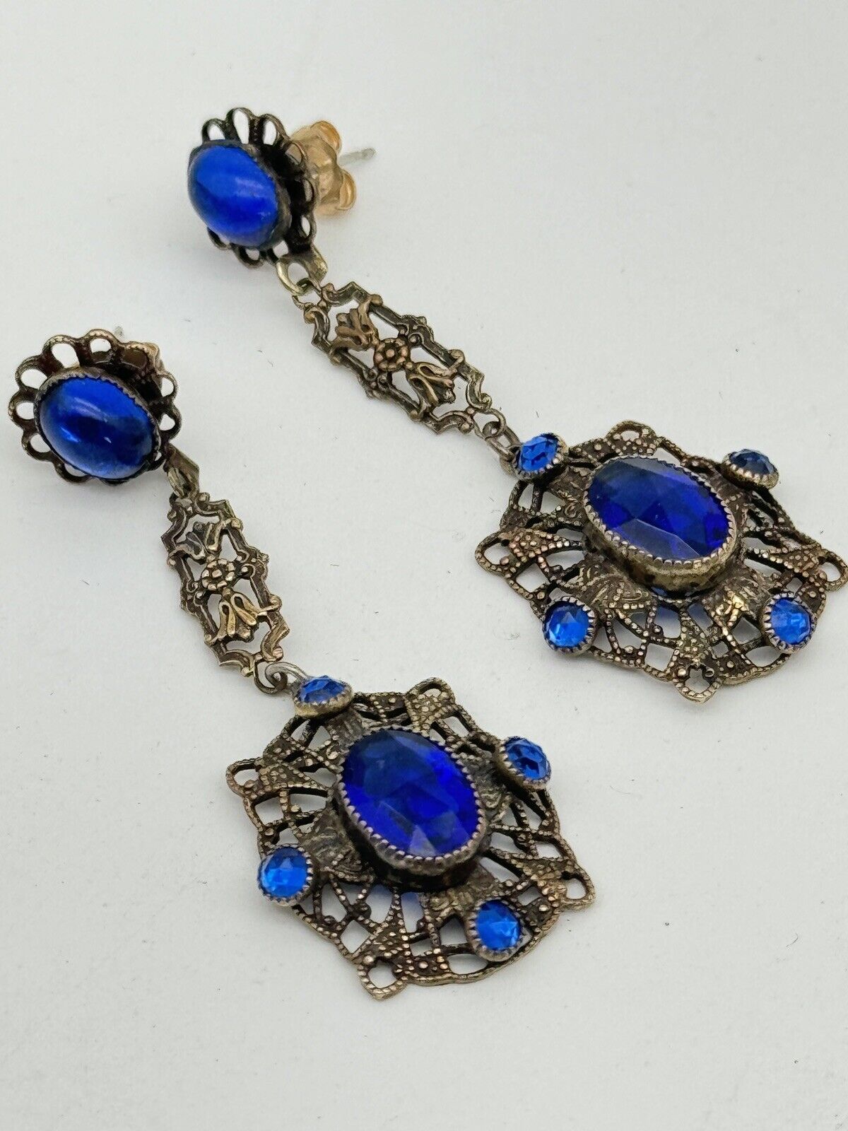 Vintage Czech Style Blue Glass Rhinestone Post Back Earrings VINTAGE