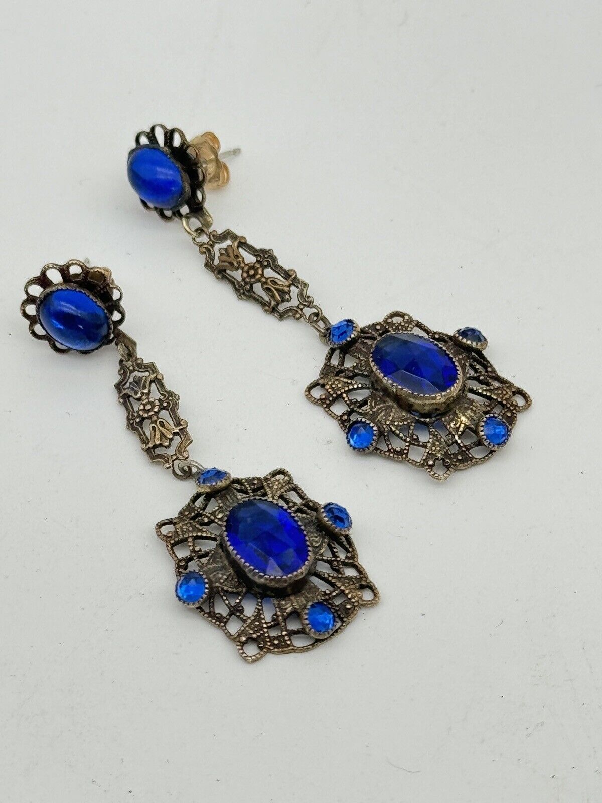 Vintage Czech Style Blue Glass Rhinestone Post Back Earrings VINTAGE
