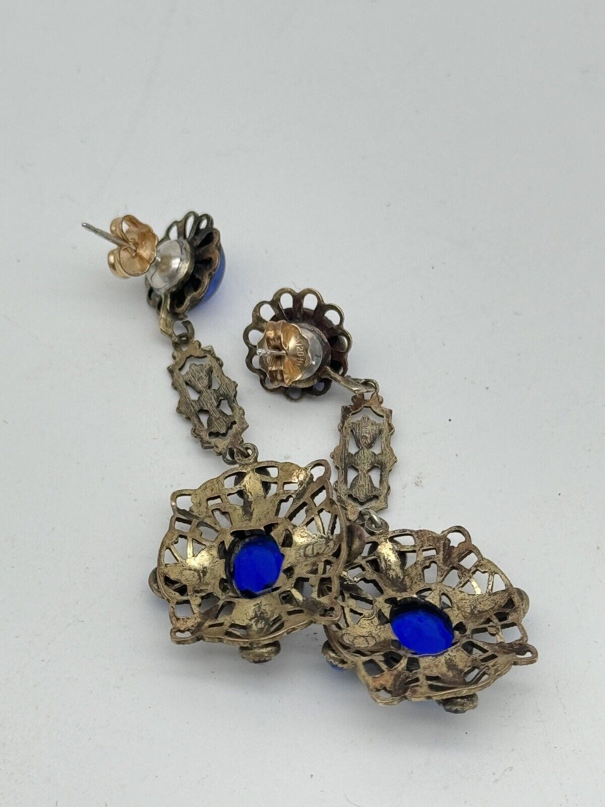 Vintage Czech Style Blue Glass Rhinestone Post Back Earrings VINTAGE