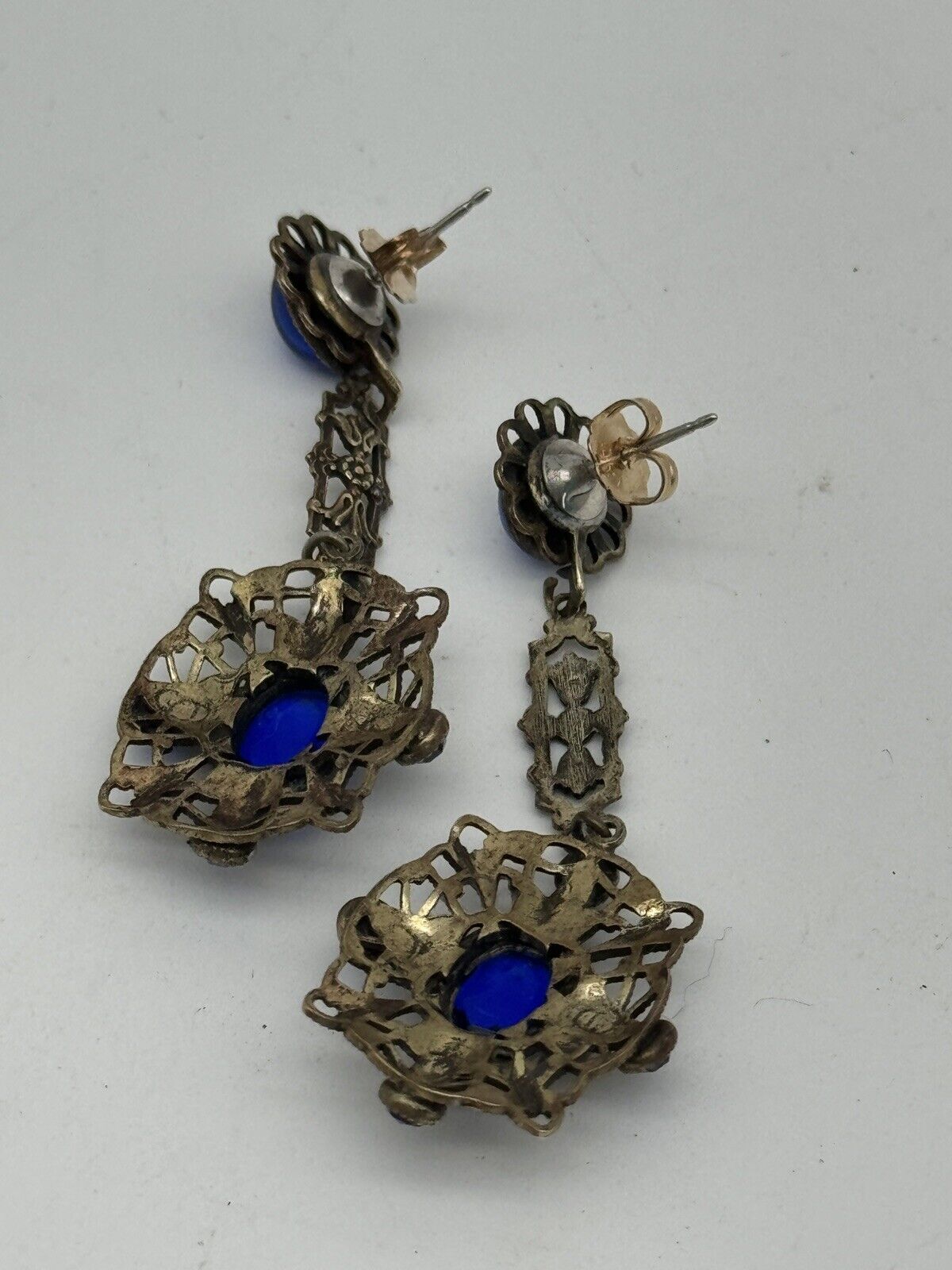 Vintage Czech Style Blue Glass Rhinestone Post Back Earrings VINTAGE