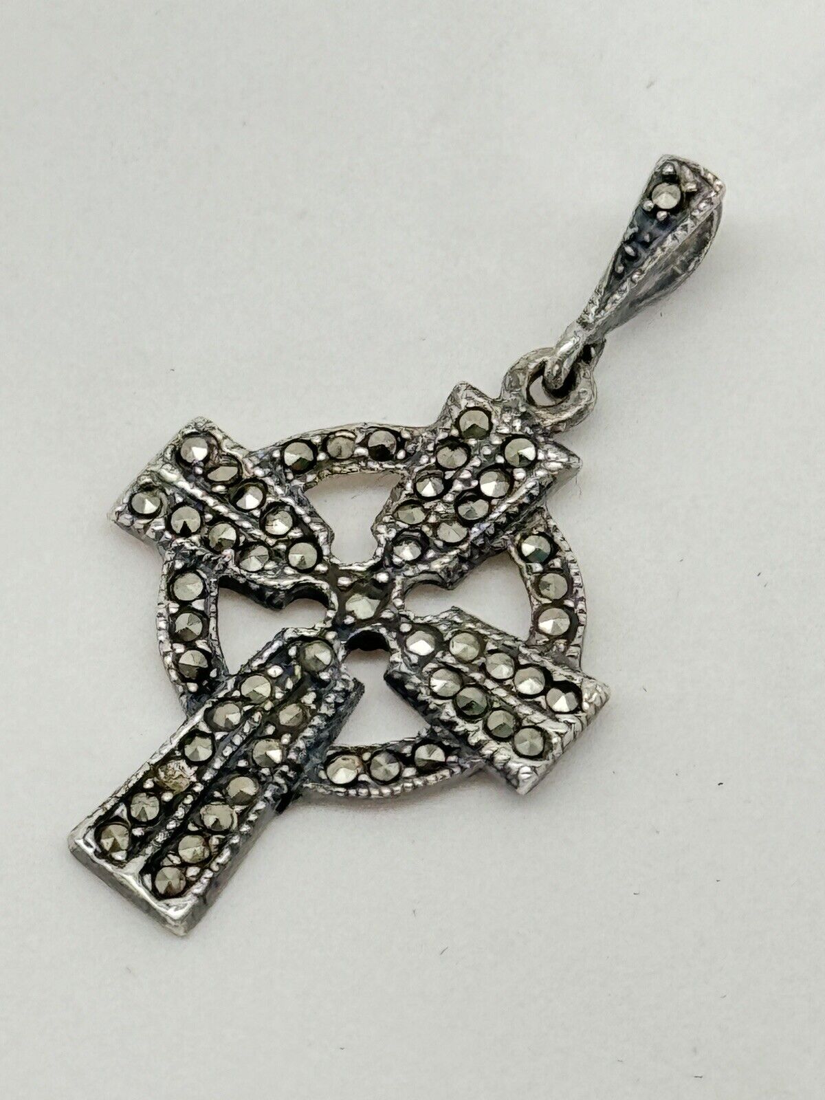 Celtic Style Christian Cross Pendant - Sterling Silver 925 Marcasite Stones