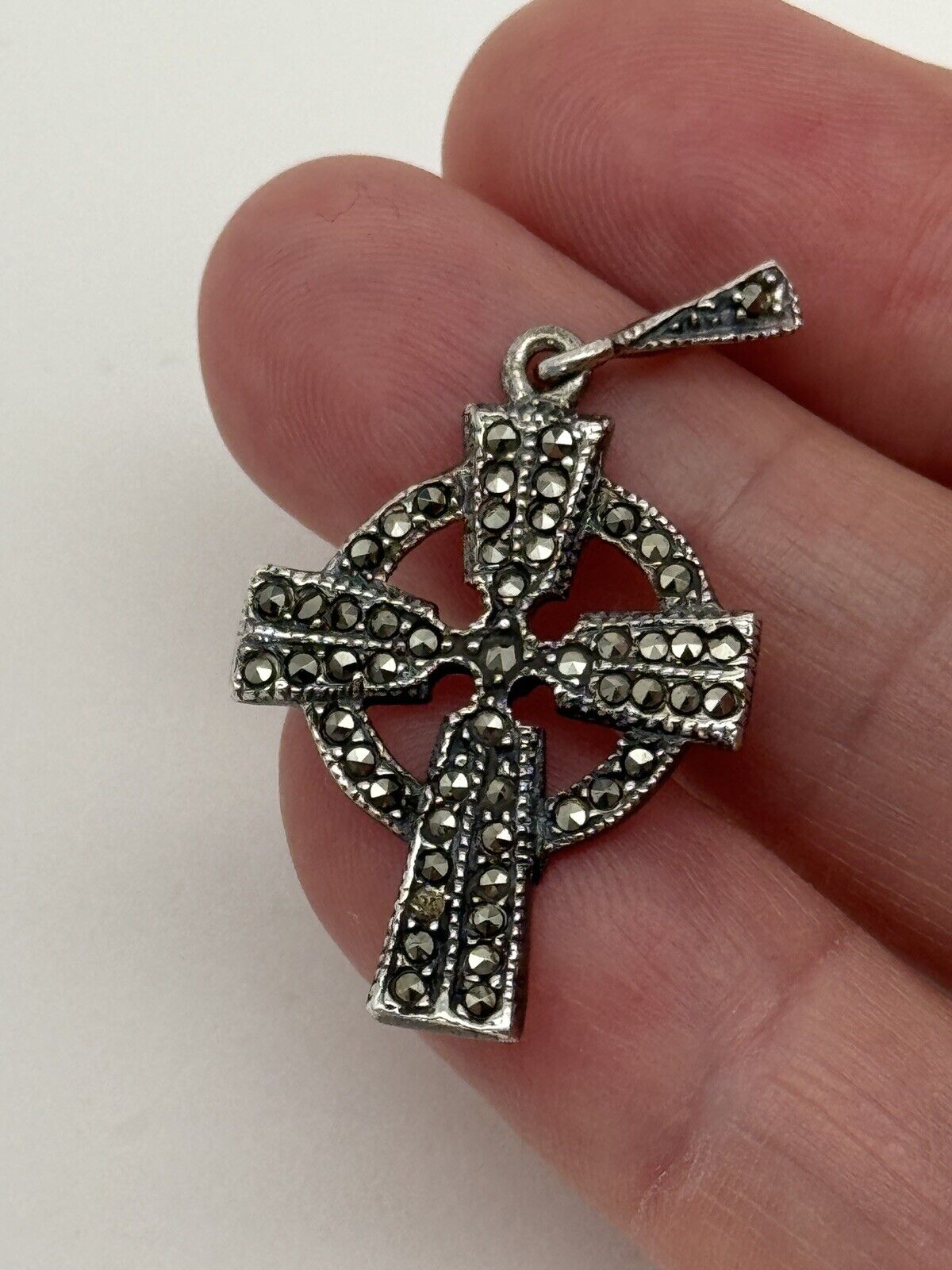 Celtic Style Christian Cross Pendant - Sterling Silver 925 Marcasite Stones