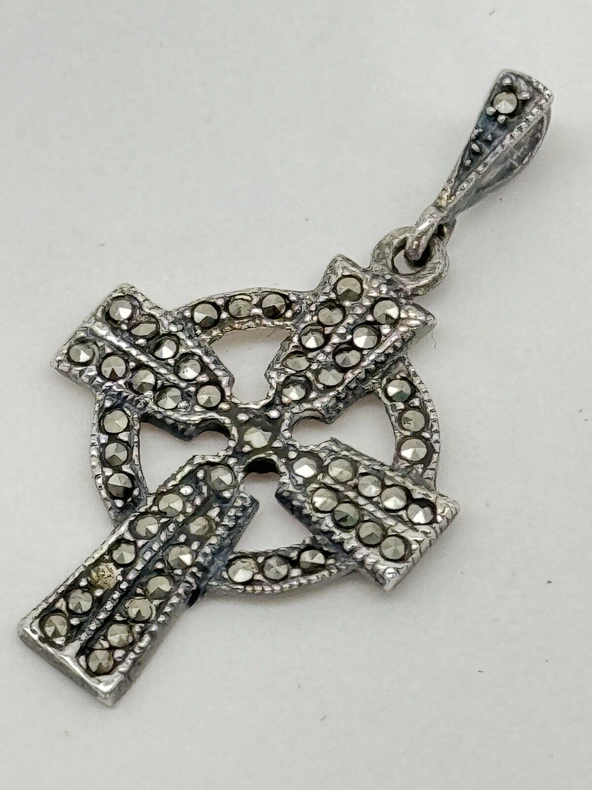 Celtic Style Christian Cross Pendant - Sterling Silver 925 Marcasite Stones