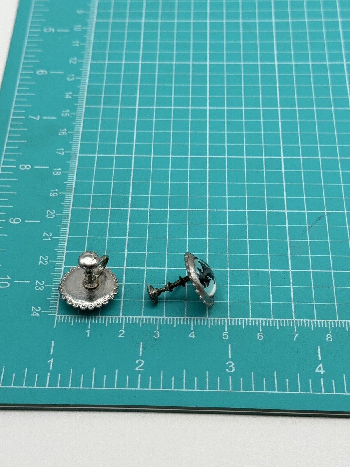 Morpho Butterfly Earrings VINTAGE Screw Back Painted Tree Silver Tone Round