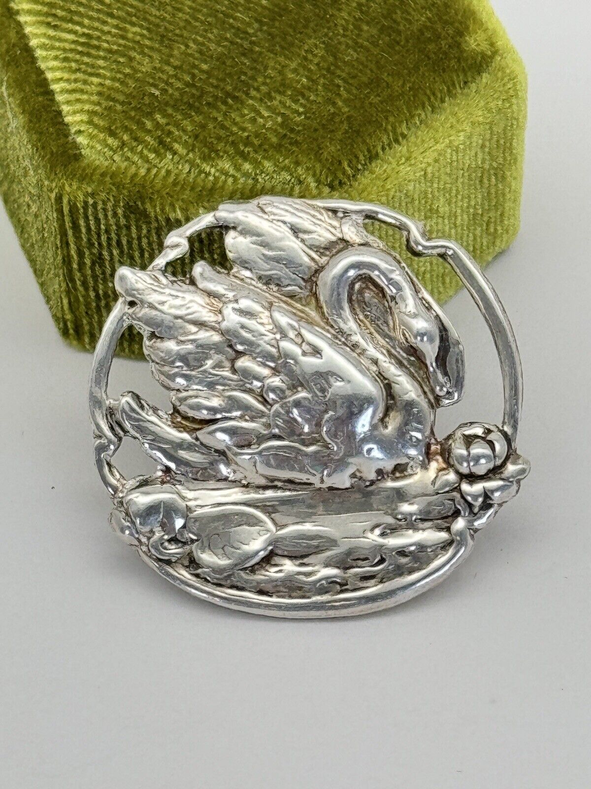 Vintage Swan On Pond Brooch ART NOUVEAU SILVER Tested Repousse