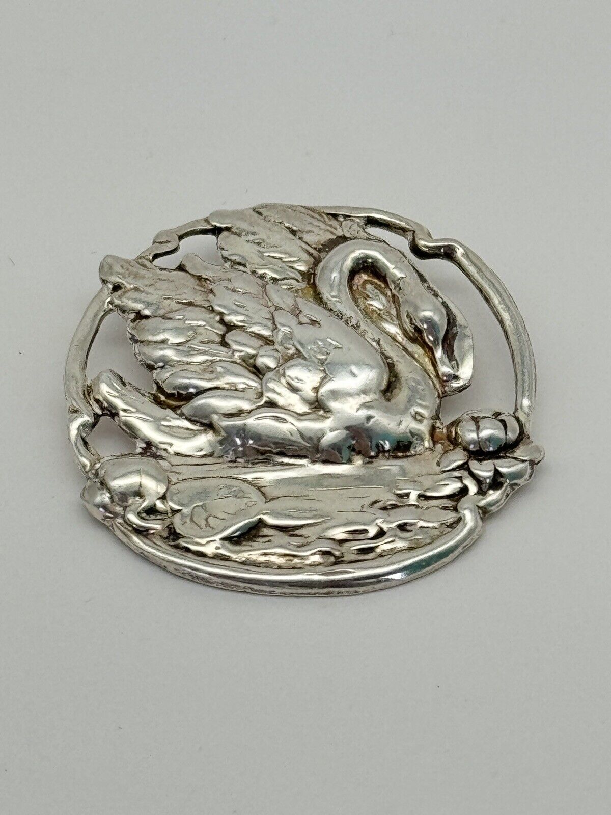 Vintage Swan On Pond Brooch ART NOUVEAU SILVER Tested Repousse