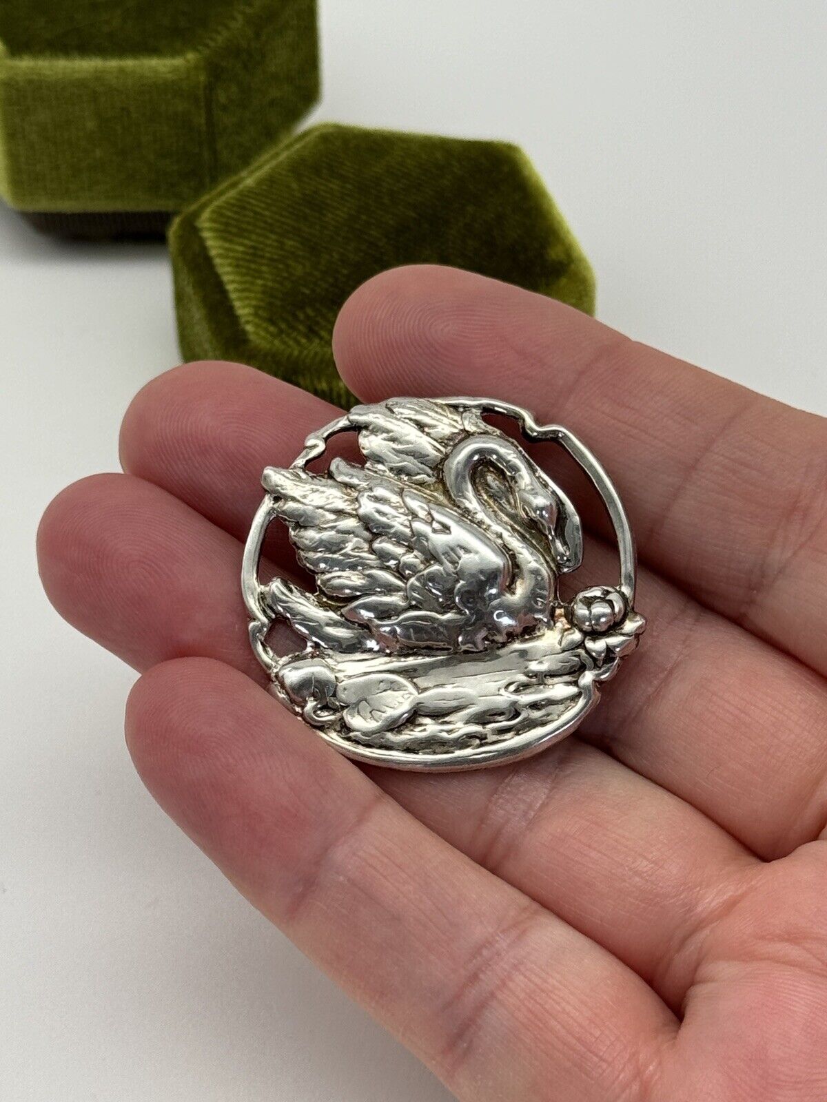 Vintage Swan On Pond Brooch ART NOUVEAU SILVER Tested Repousse