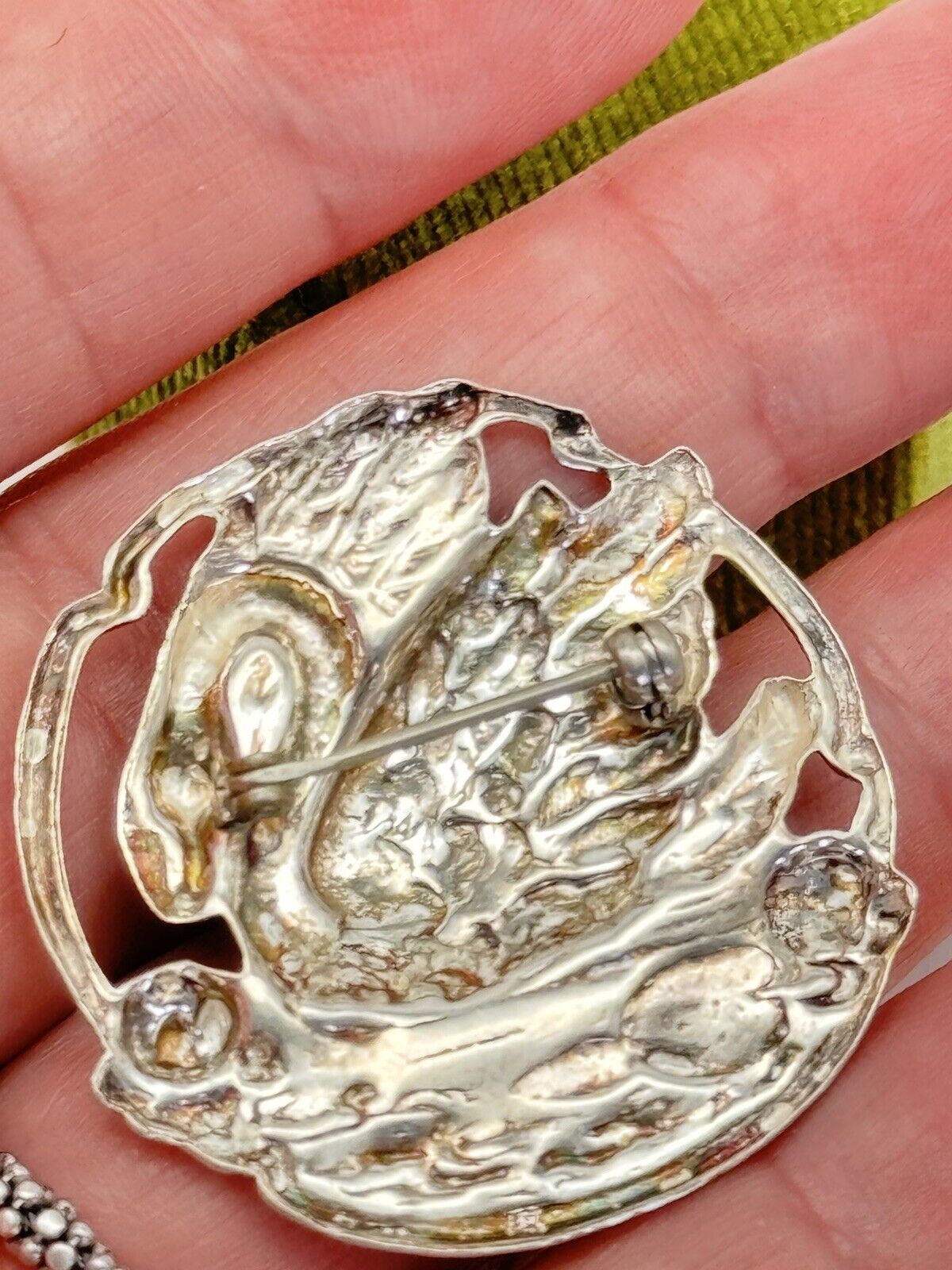 Vintage Swan On Pond Brooch ART NOUVEAU SILVER Tested Repousse