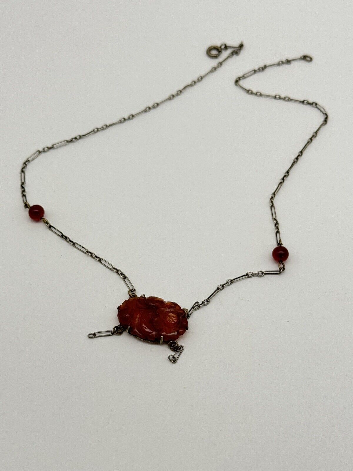Art Deco Sterling Marked Delicate Necklace Faux Carved Carnelian Pendant