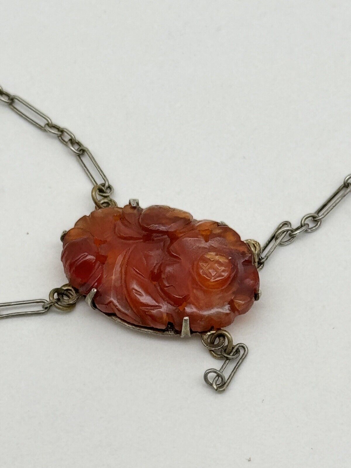 Art Deco Sterling Marked Delicate Necklace Faux Carved Carnelian Pendant