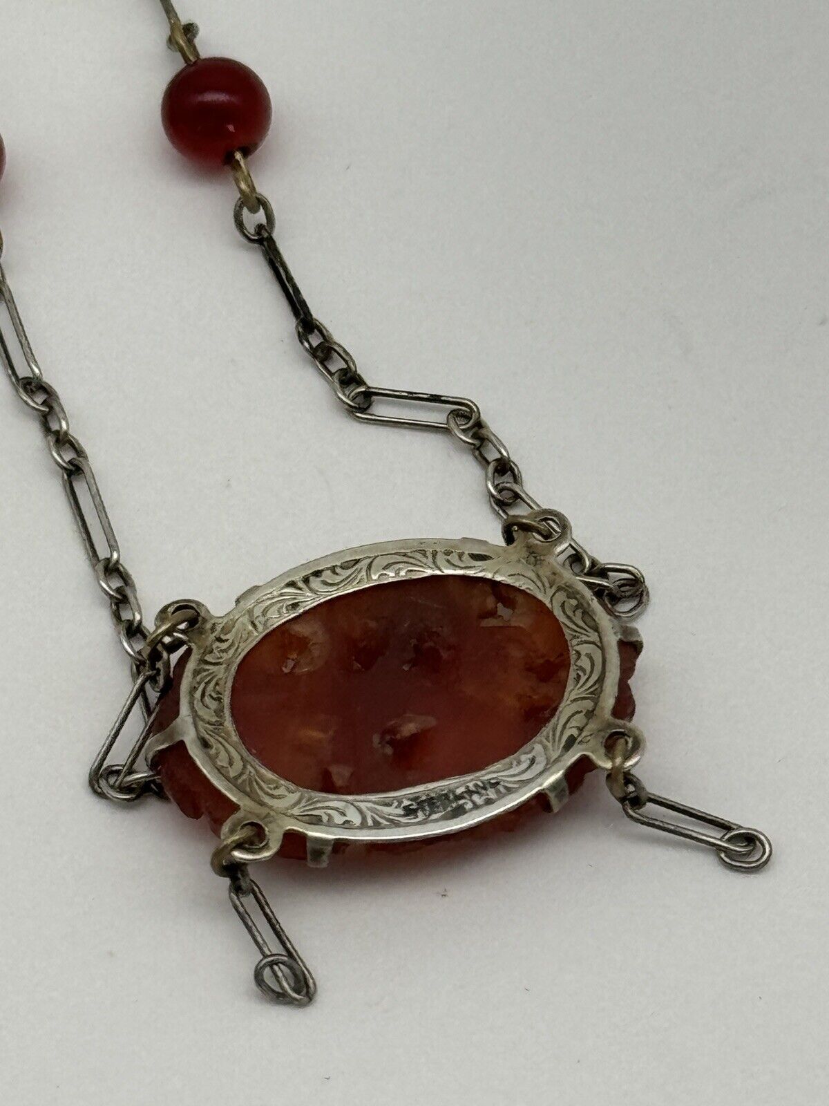 Art Deco Sterling Marked Delicate Necklace Faux Carved Carnelian Pendant
