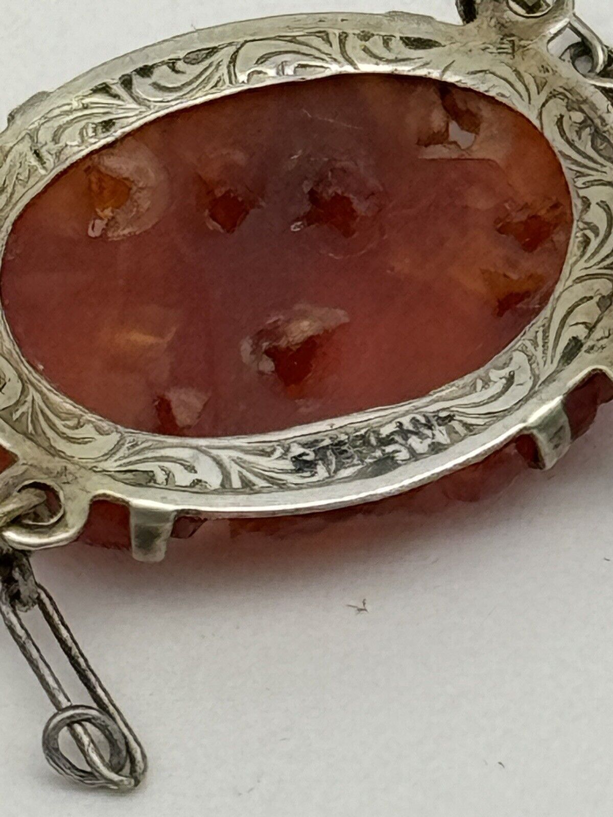 Art Deco Sterling Marked Delicate Necklace Faux Carved Carnelian Pendant