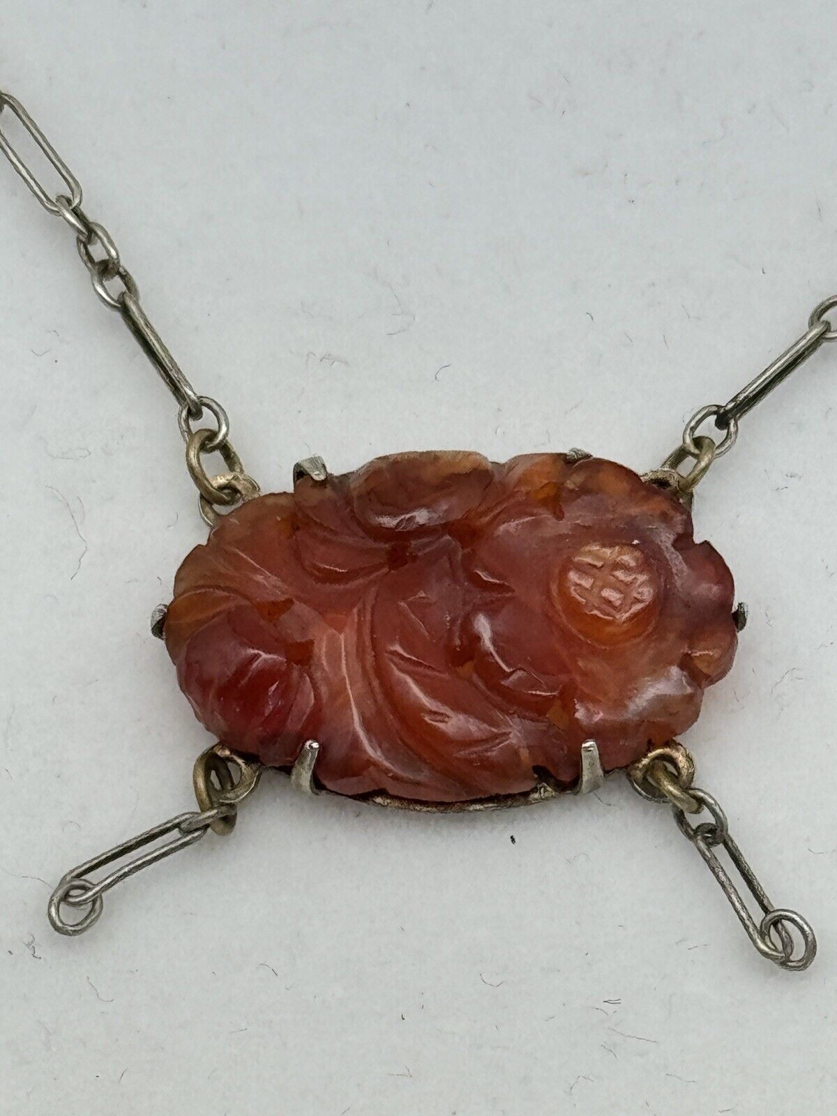 Art Deco Sterling Marked Delicate Necklace Faux Carved Carnelian Pendant