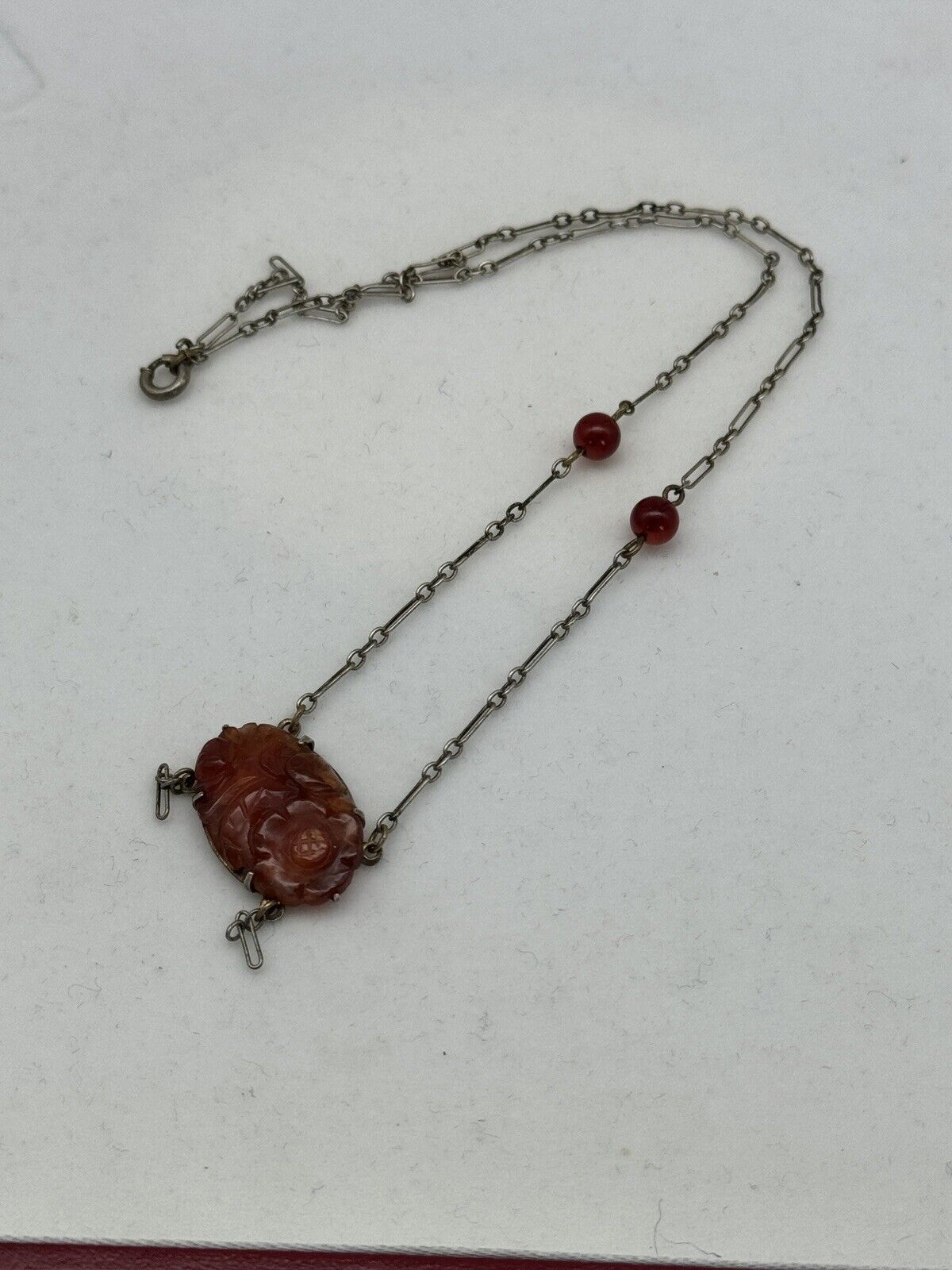 Art Deco Sterling Marked Delicate Necklace Faux Carved Carnelian Pendant