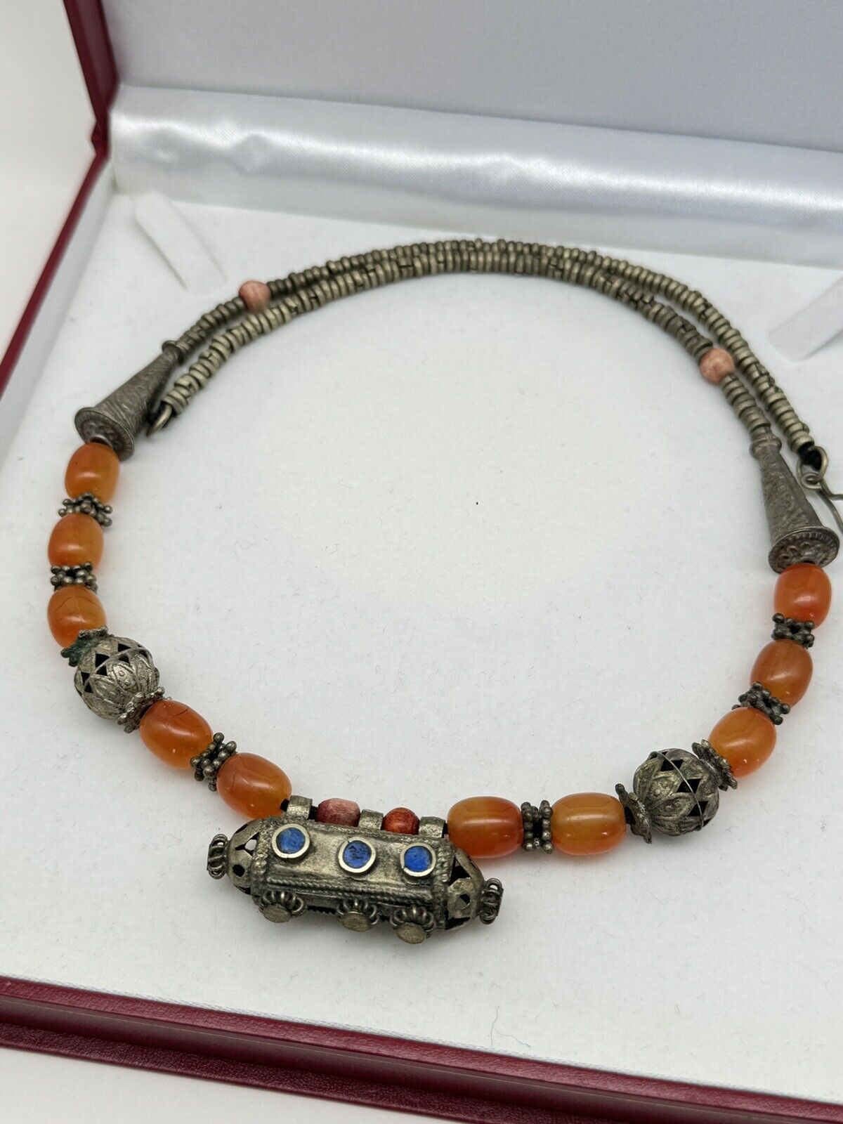 Vintage Tribal Style ARTISAN Crafted Necklace Silvertone Orange Beads 25”
