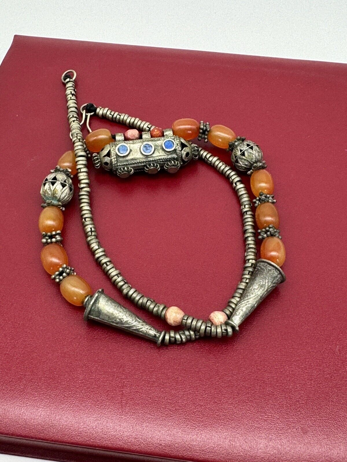 Vintage Tribal Style ARTISAN Crafted Necklace Silvertone Orange Beads 25”