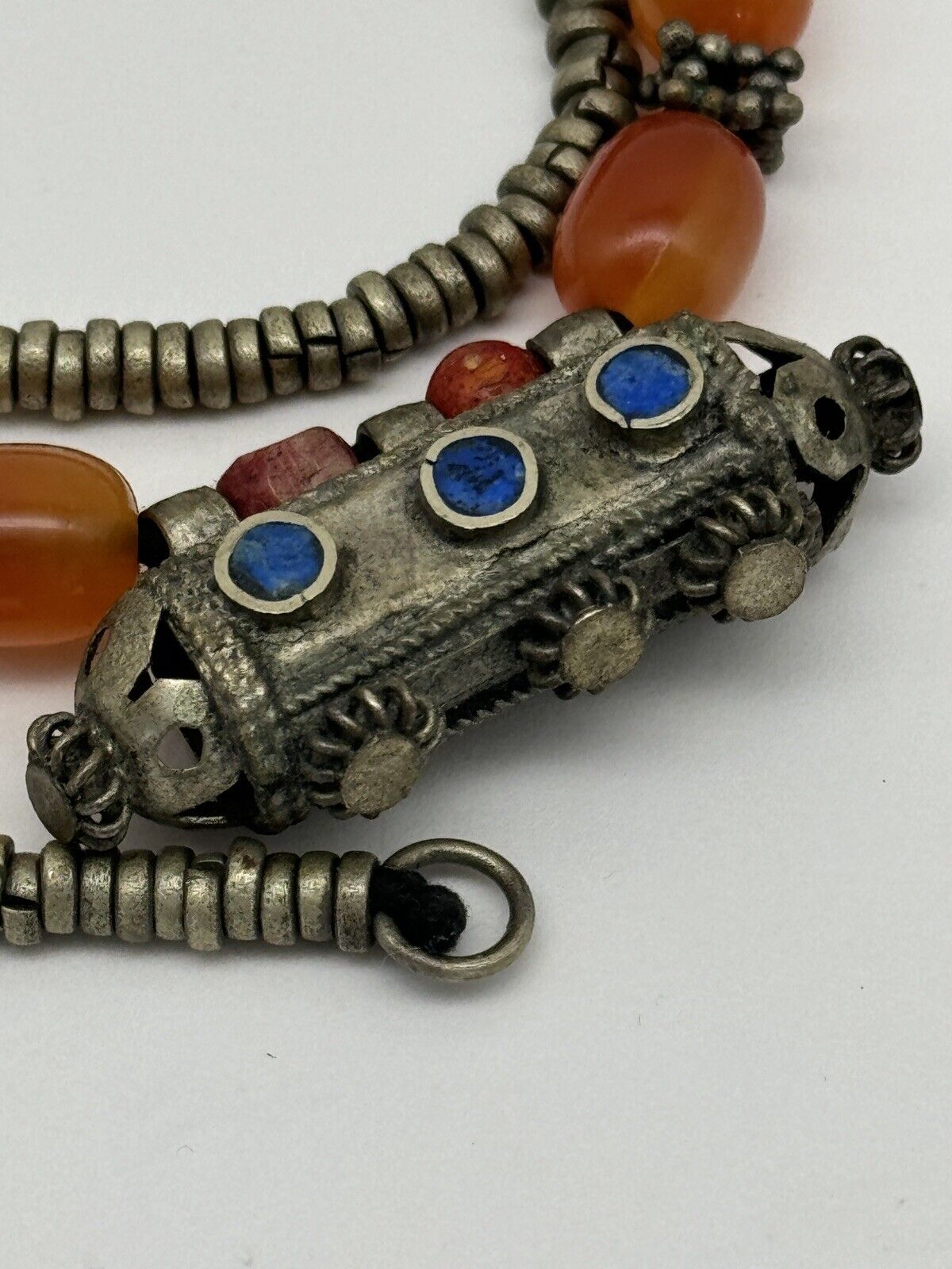 Vintage Tribal Style ARTISAN Crafted Necklace Silvertone Orange Beads 25”