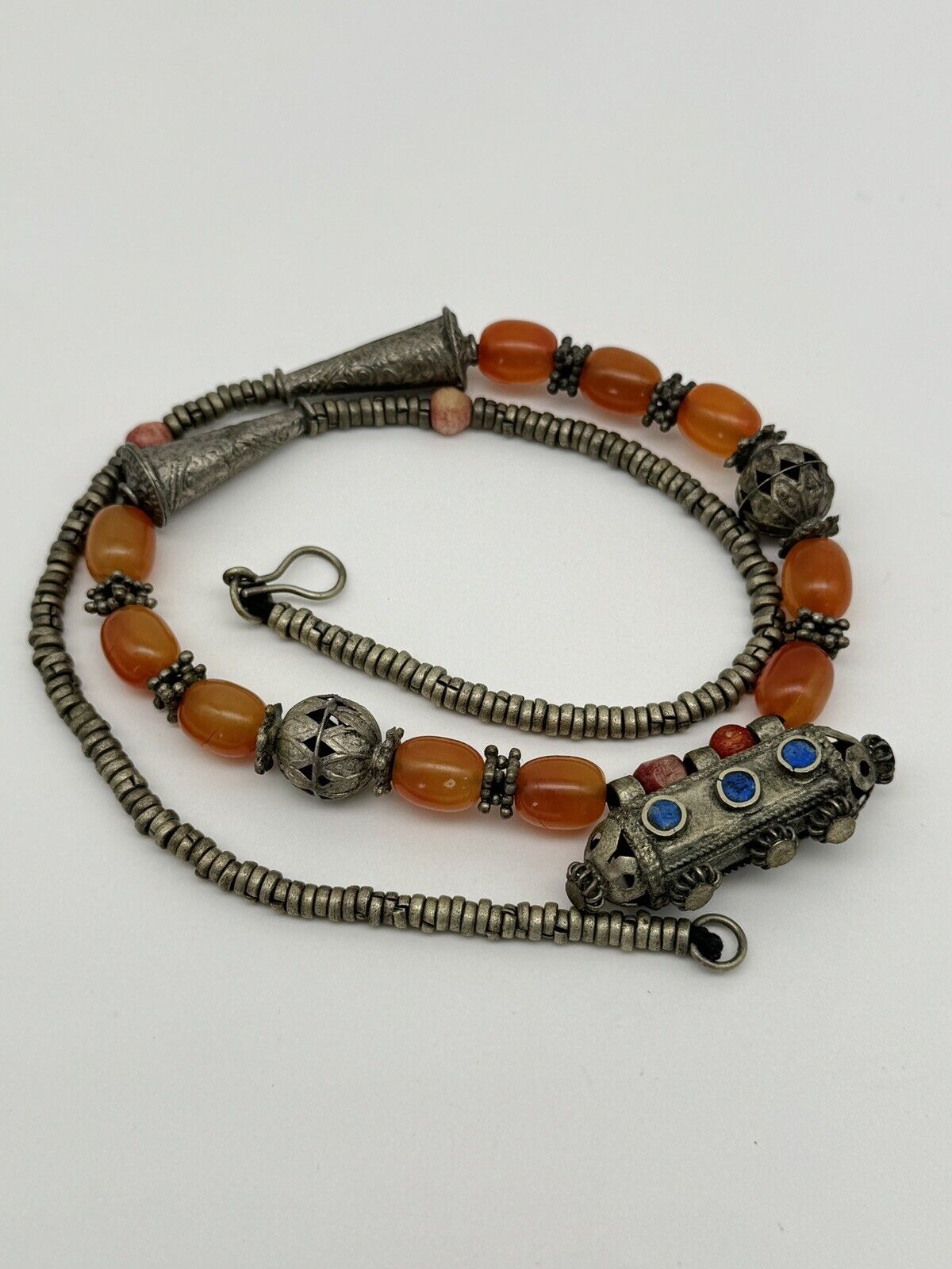 Vintage Tribal Style ARTISAN Crafted Necklace Silvertone Orange Beads 25”