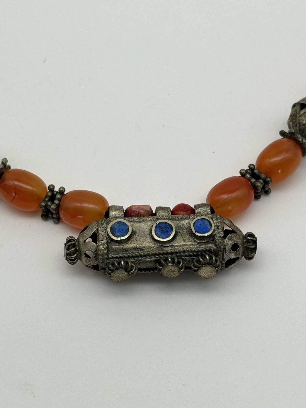 Vintage Tribal Style ARTISAN Crafted Necklace Silvertone Orange Beads 25”