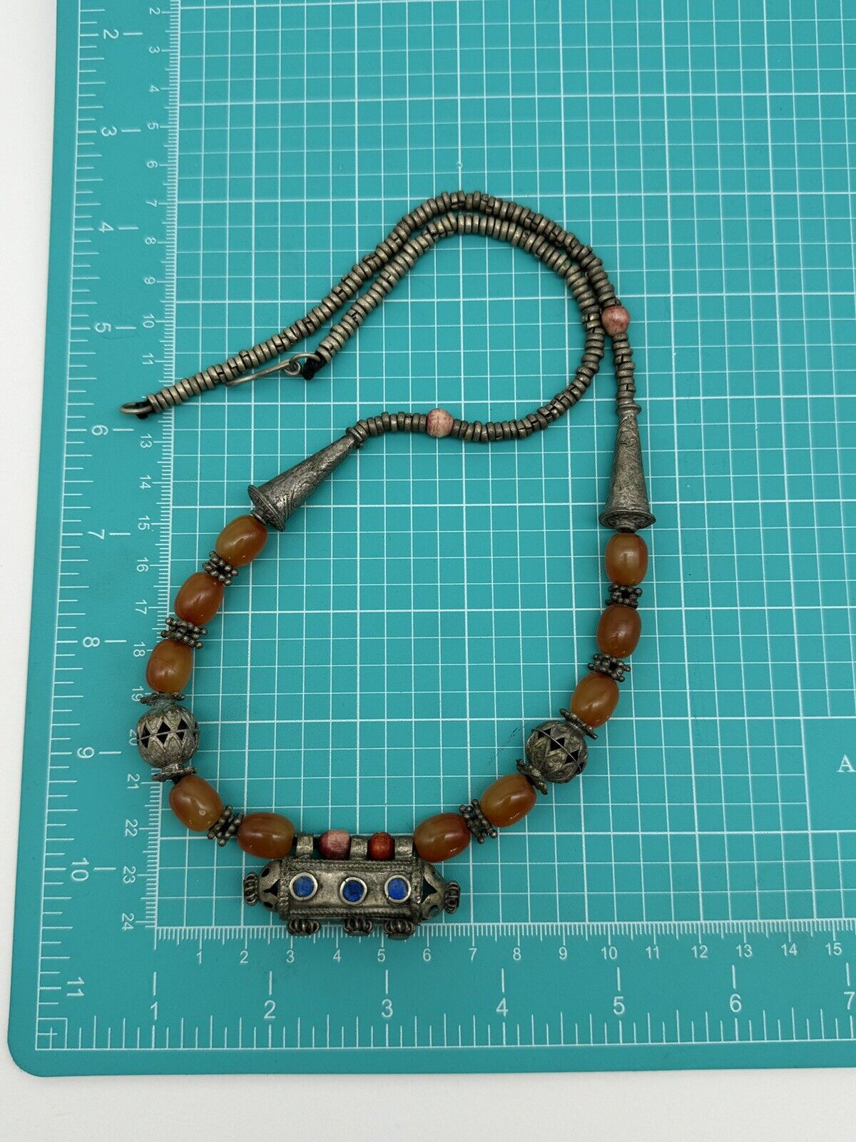Vintage Tribal Style ARTISAN Crafted Necklace Silvertone Orange Beads 25”