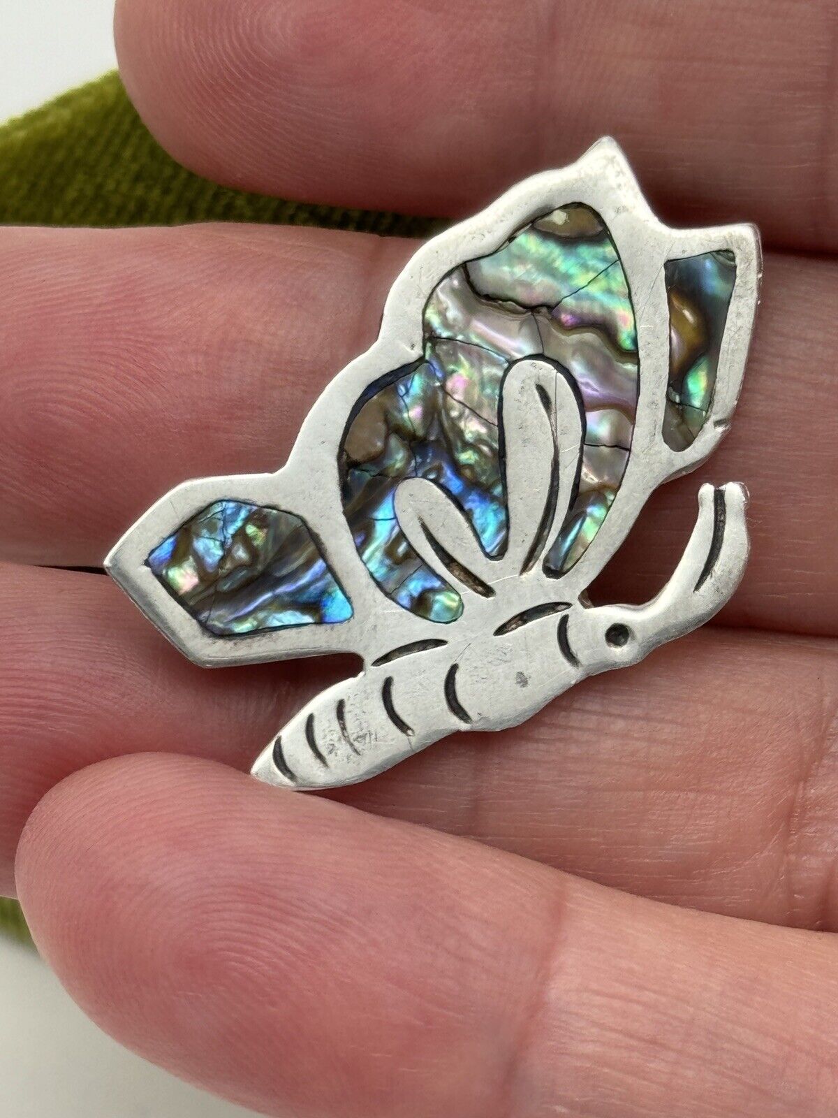 VINTAGE BUTTERFLY BROOCH Small Signed MB MEXICO STERLING SILVER ABALONE SHELL