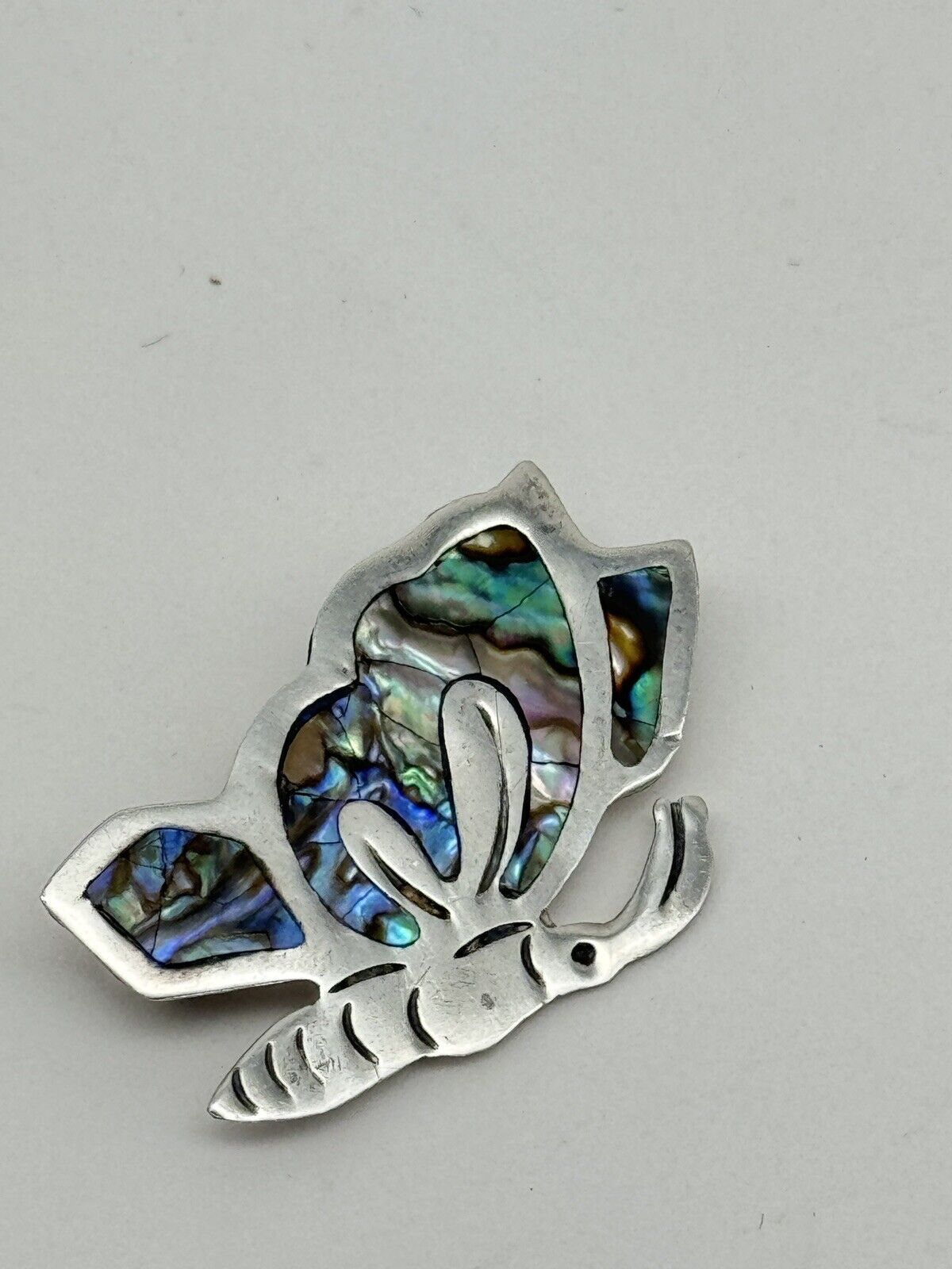 VINTAGE BUTTERFLY BROOCH Small Signed MB MEXICO STERLING SILVER ABALONE SHELL
