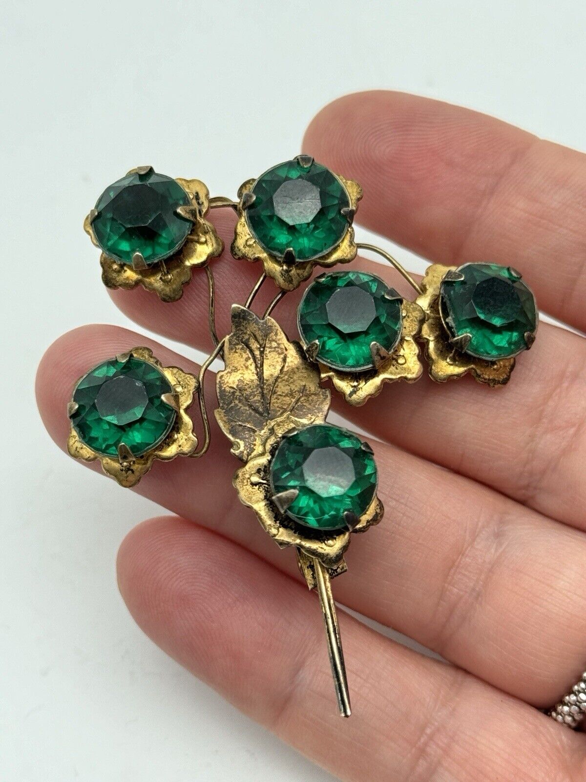 Vintage Sterling Vermeil Flower Brooch Artisan Green Rhinestone Flower Design