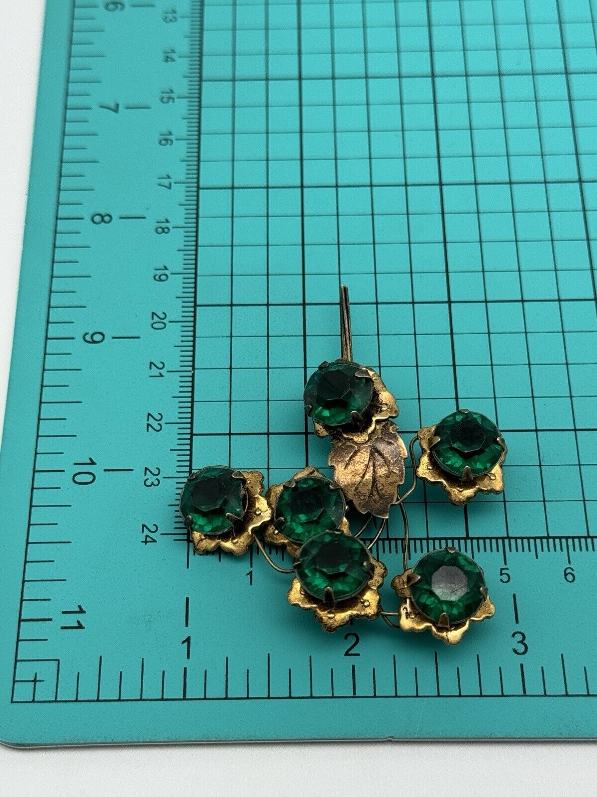 Vintage Sterling Vermeil Flower Brooch Artisan Green Rhinestone Flower Design