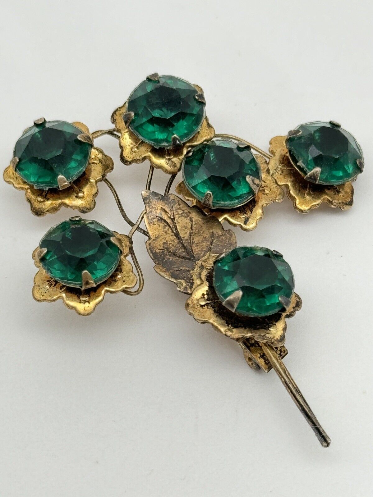Vintage Sterling Vermeil Flower Brooch Artisan Green Rhinestone Flower Design