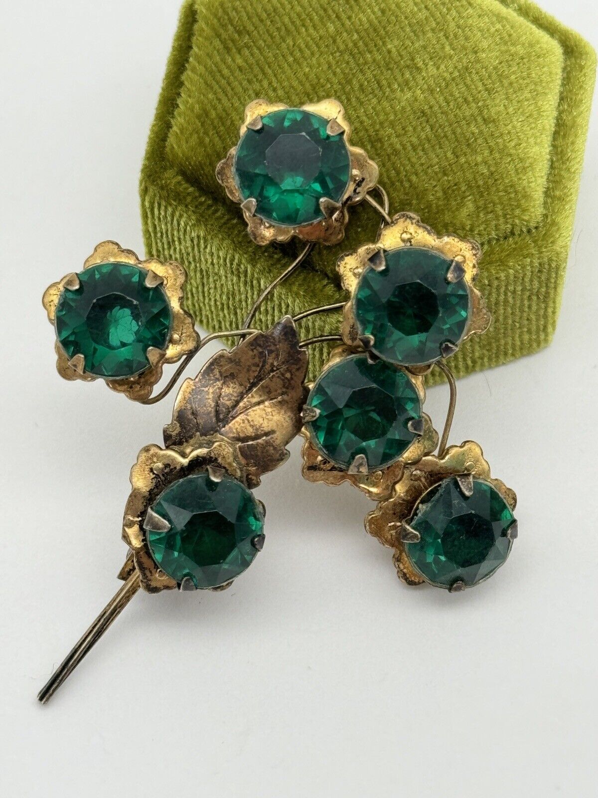 Vintage Sterling Vermeil Flower Brooch Artisan Green Rhinestone Flower Design