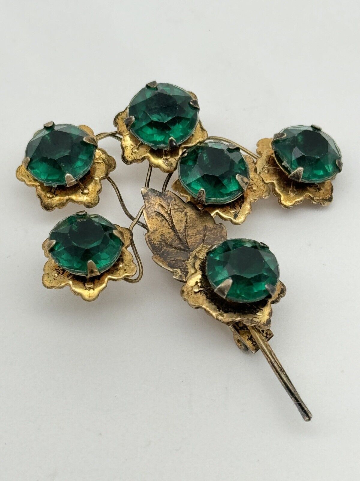 Vintage Sterling Vermeil Flower Brooch Artisan Green Rhinestone Flower Design